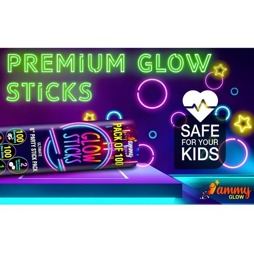 Ammy Glow Glow Sticks (205 Pcs Kit) Bulk Party Pack-100 Pack Glow Sticks with Connectors & Glasses- Party Favors for Kids 8-12- Neon Glow in The Dark Party Supplies for Birthdays & Events
