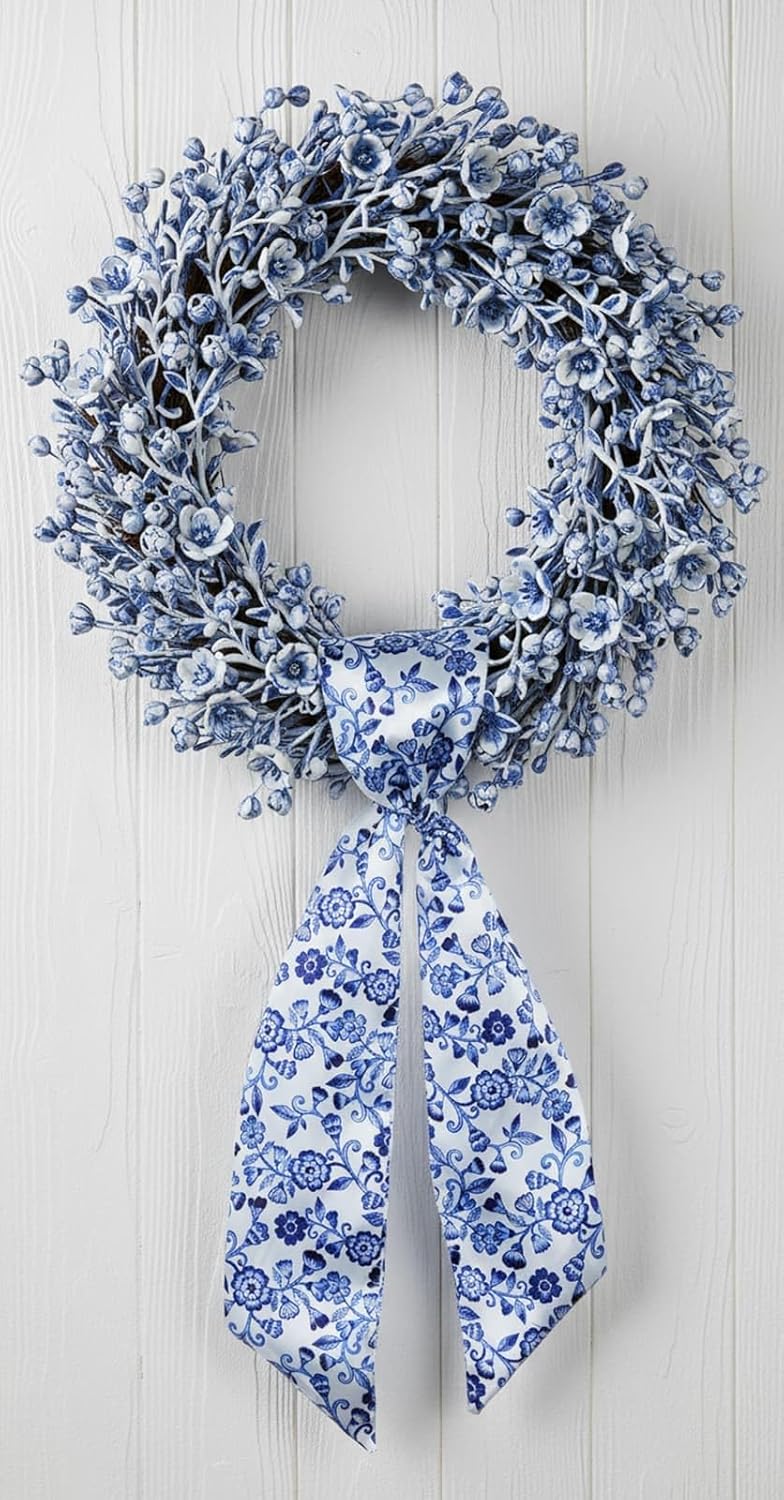 Skiennix Wreath Sash - Blue Floral Chinoiserie Decor | 55x5 Inch Ribbon for Indoor/Outdoor Use
