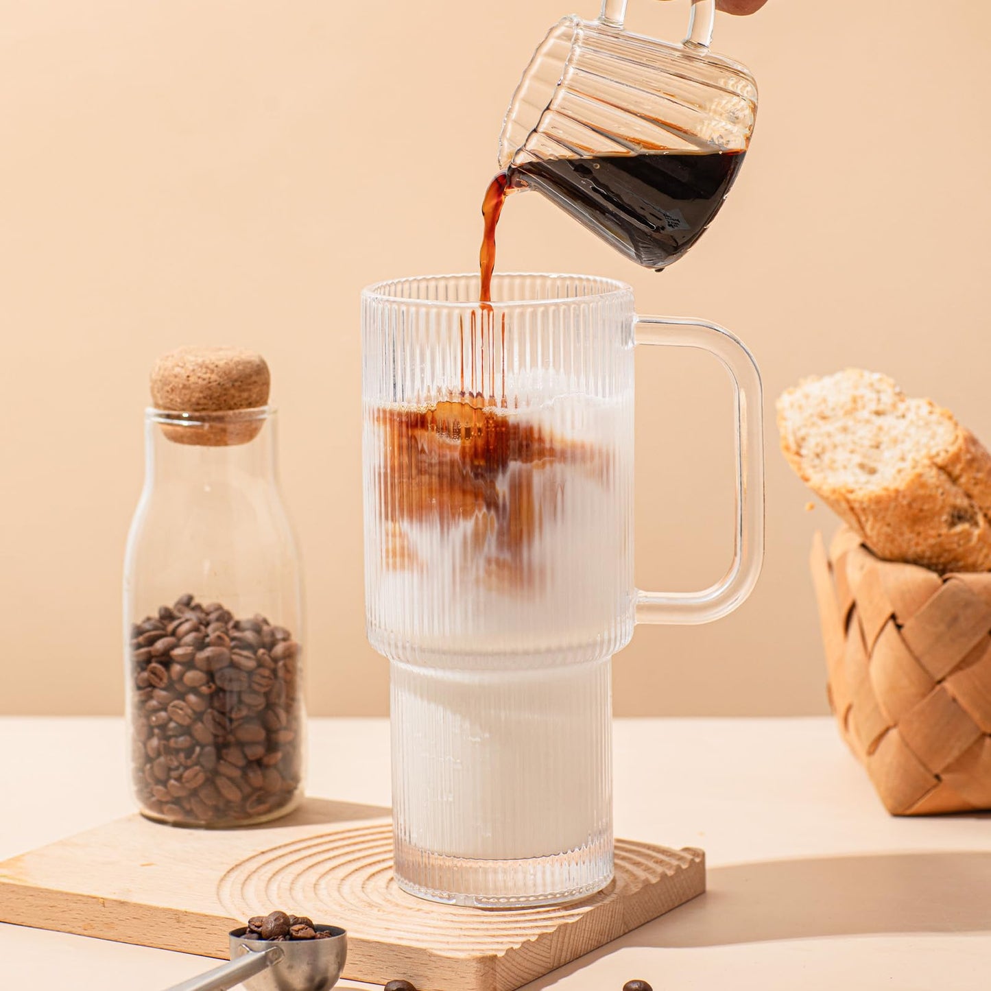 SoulTimes 24oz Ribbed Glass Tumbler with Handle and Bamboo Lid, Set of 2 Glass Cups with Lids and Straws for Coffee, Tea, Juice and Smoothies, Reusable Iced Coffee Cups Includes 2 Sealed Plastic Lids
