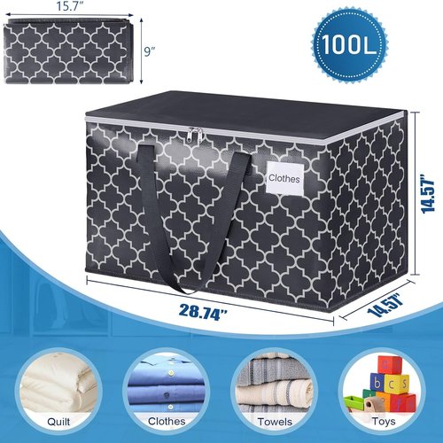 Extra Large Moving Bags by [Brand Name] - Heavy-Duty Storage Totes with Zipper Top & Sturdy Handles | 100L, Black & Gray, 2-Pack