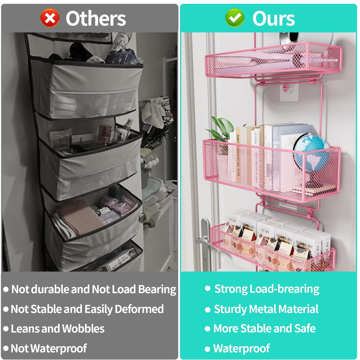 HapiRm Over Door Organizer Storage - Separable Door Organizer Hanging with 6 Metal Large Capacity Baskets for Bathroom Bedroom Kitchen Pantry Closet (Pink)