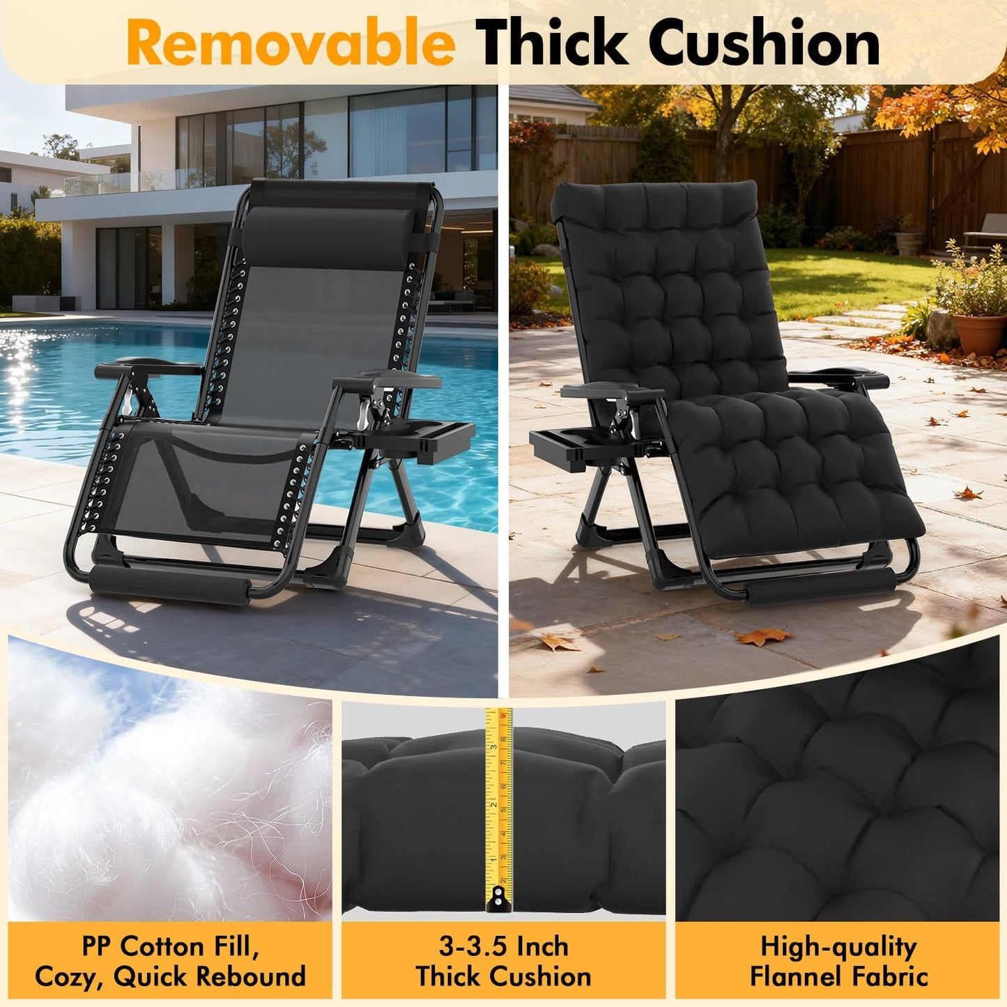 Slendor Oversized Zero Gravity Chair - XXL Padded Lounge Chair with Headrest & Cup Holder | Supports 500lbs, Black