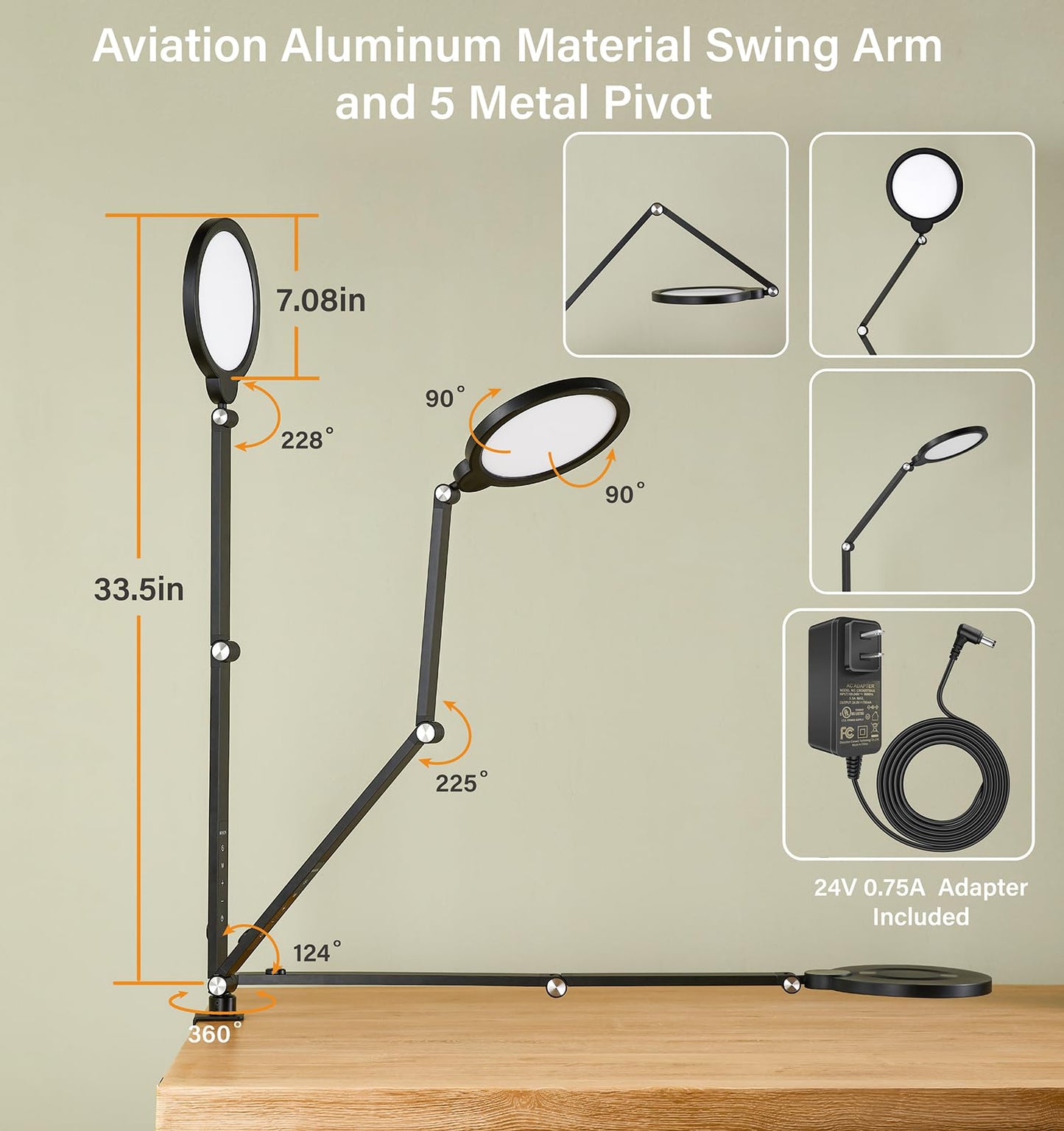 BOHON Desk Lamps for Home Office, 15W 5 Color Modes 10 Brightness Ring Light for Desk, Flexible Swing Arm LED Desk Light with Clamp for Video Conference Lighting Reading Zoom Streaming Table