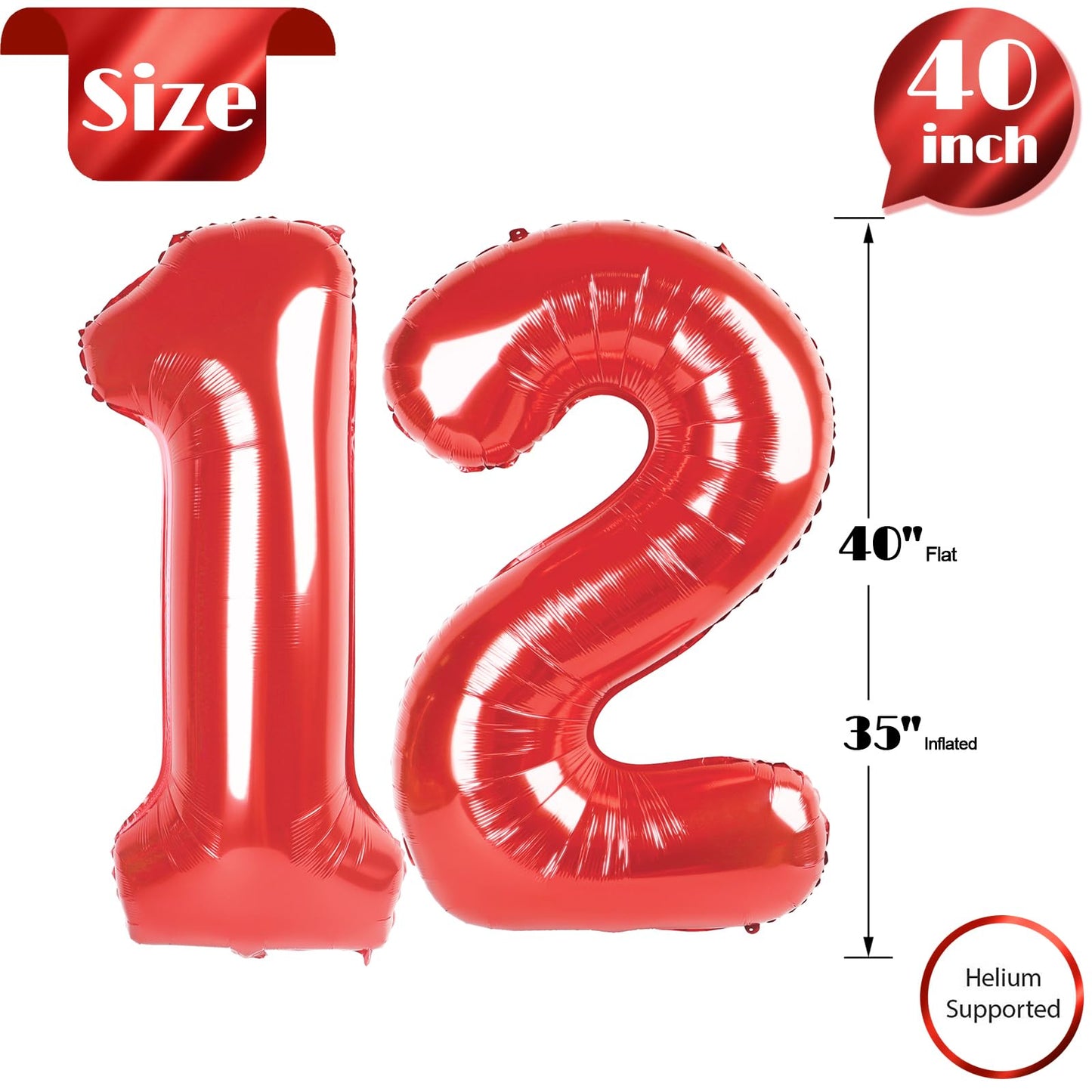 Red Number 12 Balloon 40 inch, 12 Number Balloons, 12th Red Birthday Decorations, 12 Year Old Girls Boys Party Supplies
