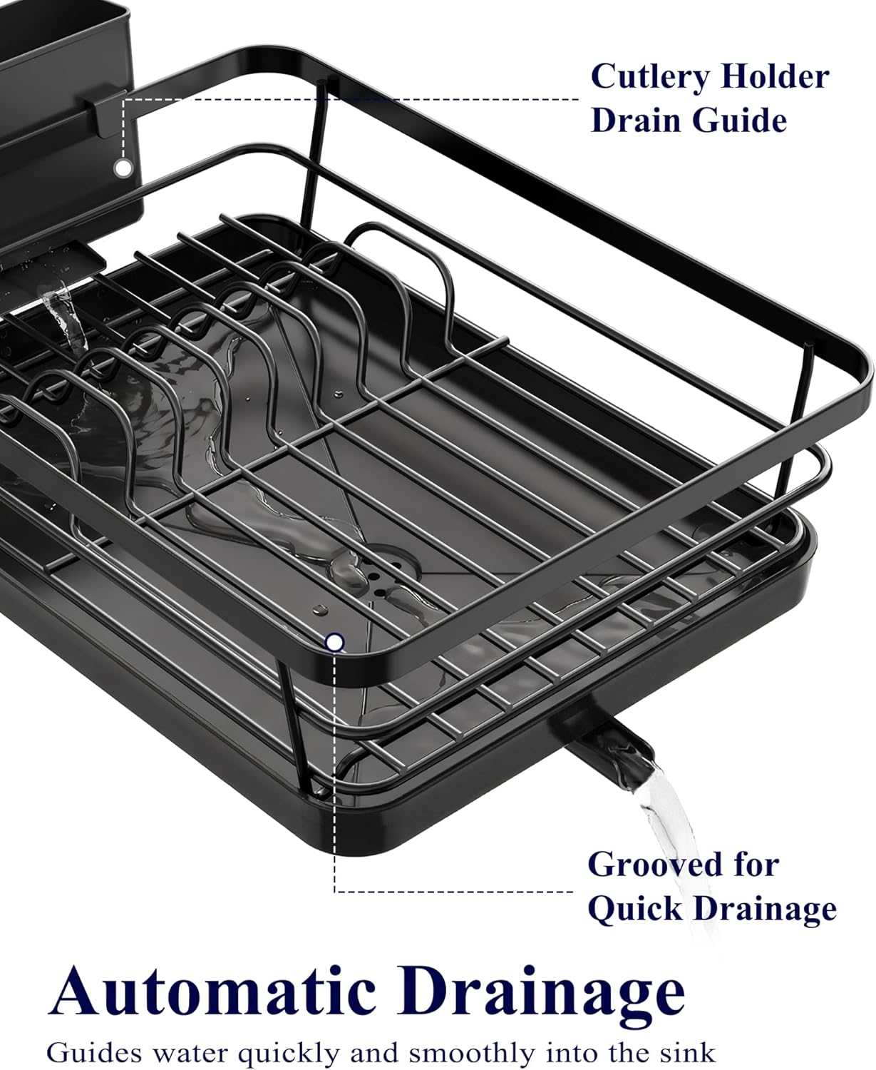 Kitsure Dish Drying Rack - Stainless Steel Kitchen Sink Organizer with Cutlery Holder | 12"W x 15.5"L, Black
