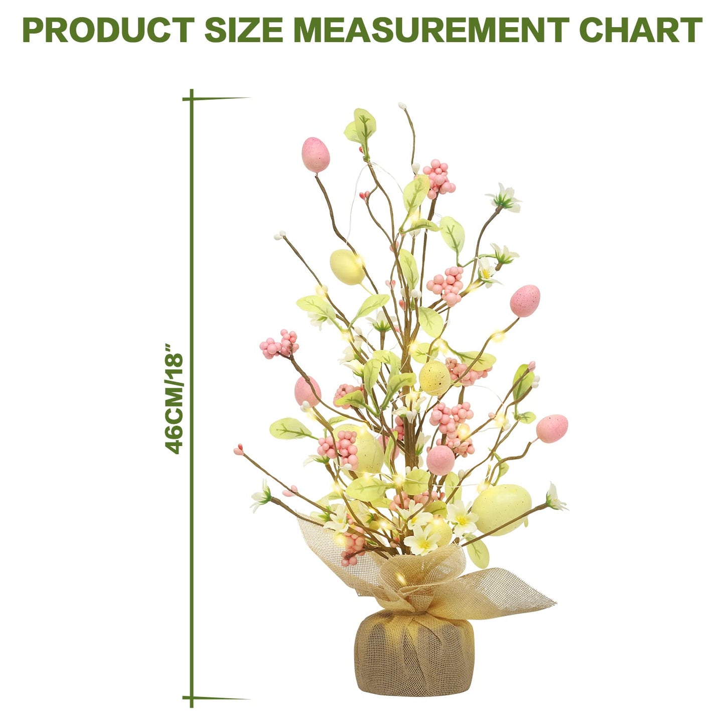 RoseCraft Easter Decorations, 18 Inch Pre-Lit Easter Egg Tree Tabletop Decor with Delicate Ornaments, for Home Party Wedding Holiday Spring Summer Decoration, Yellow/Pink.
