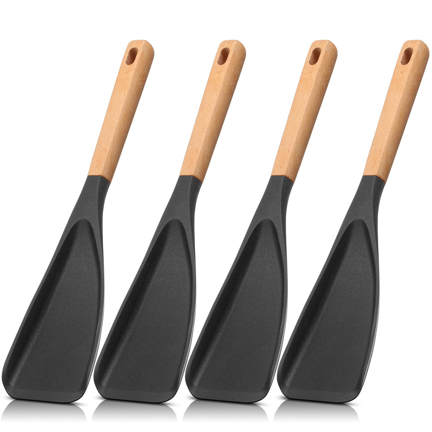 Reallnaive 4 Pcs Silicone Cooking Spoons for Nonstick Cookware 12 Inch Multifunction Spatula Spoon with Wood Handle for Cooking, Serving, Mixing, Scoop, and Scrape(Black)