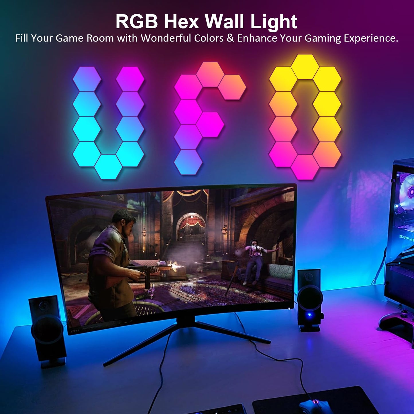 OJQ 20 Pack Hexagon Lights Wall RGB Panel - Hexagonal Led Lights Room Decor Wall Lights Birthday Decorations Gaming Equipment Honeycomb Shape Panels Hexagon Gaming Lights for Bedroom Children