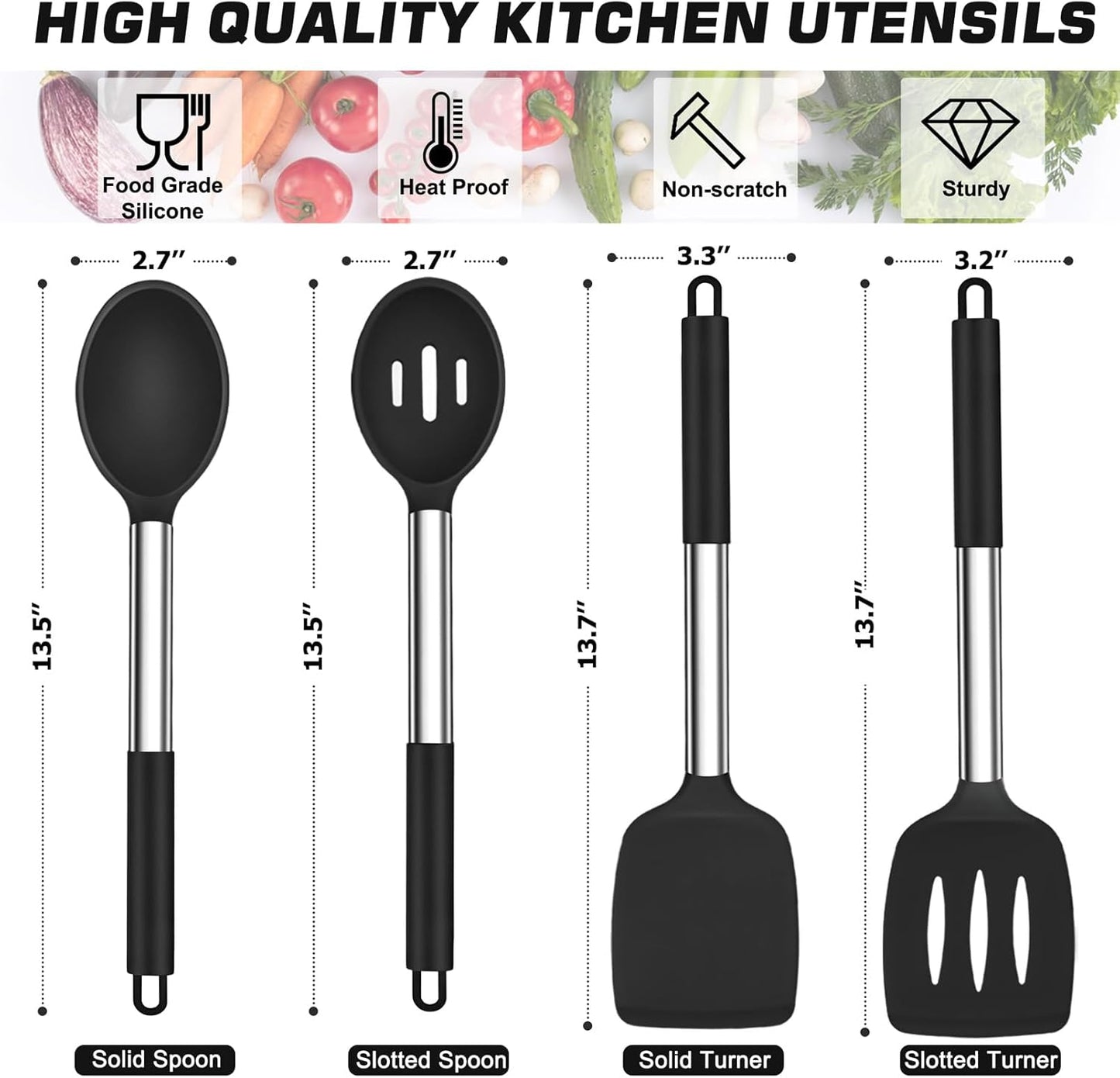 TeamFar Silicone Cooking Utensils Set - 4 PCS Heat-Proof Non-Stick Spatula & Spoon Set with Stainless Steel Handle - Black
