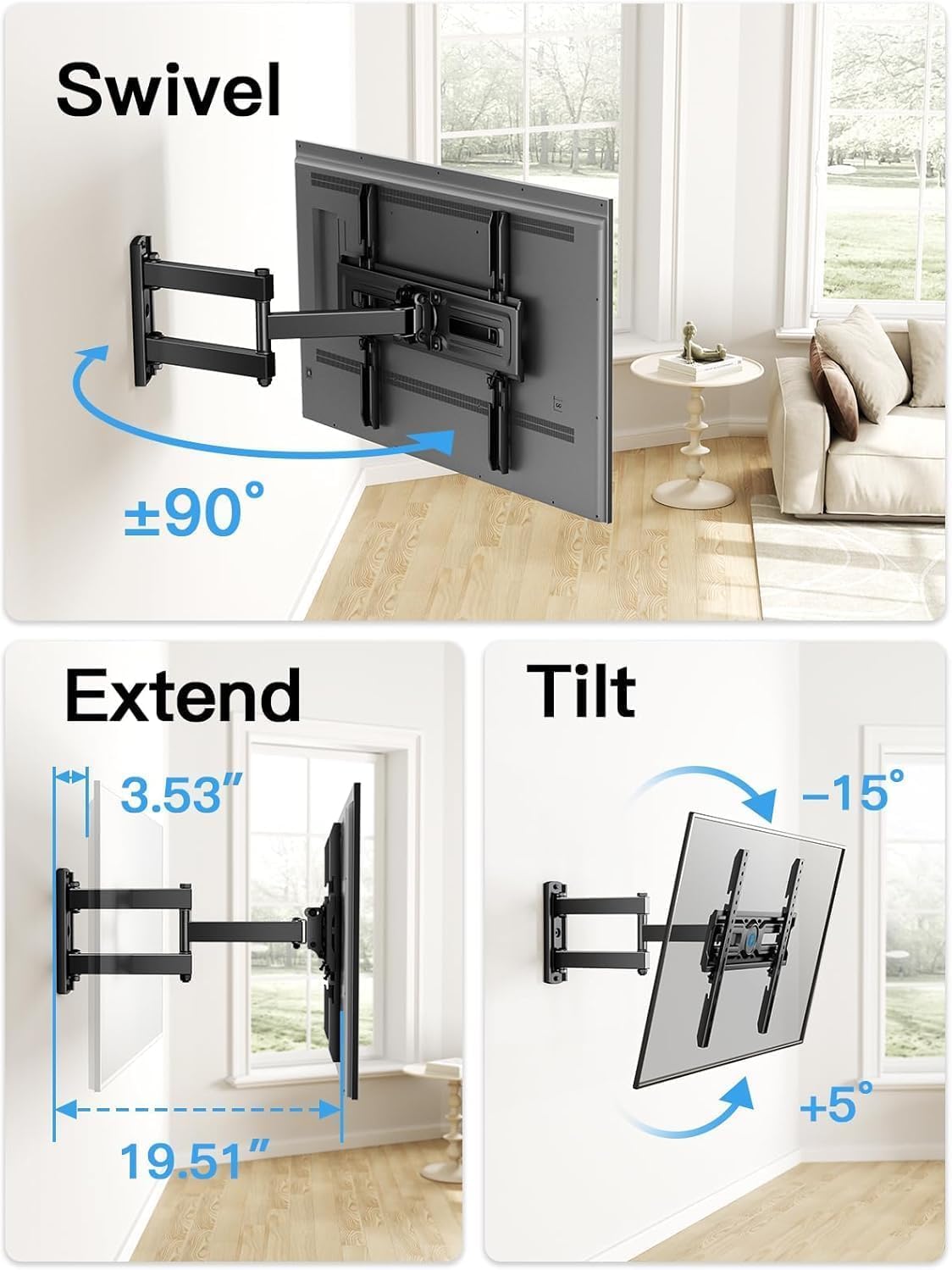 Pipishell Full Motion TV Wall Mount - Adjustable Bracket for 26-65 Inch TVs | Max VESA 400x400mm, 77 lbs Capacity