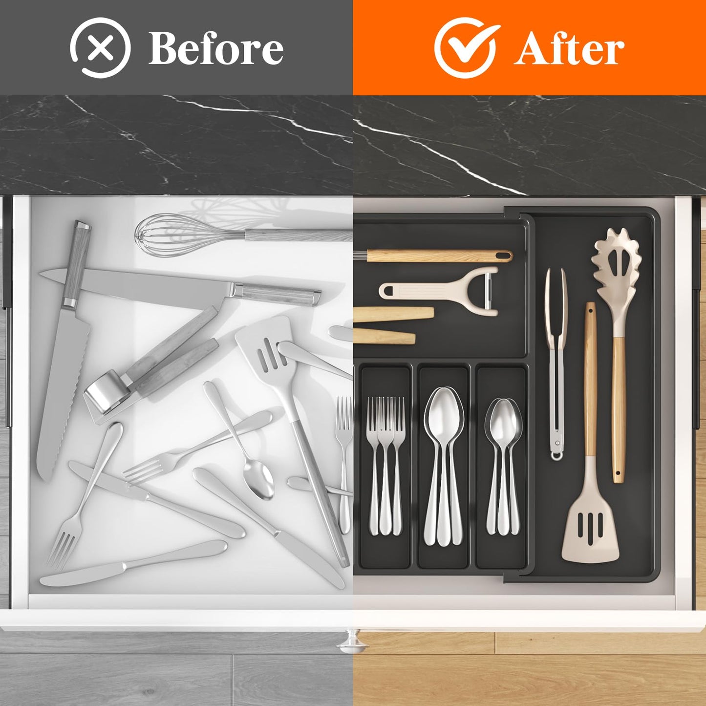 Lifewit Silverware Drawer Organizer, Expandable Utensil Tray for Kitchen, BPA Free Flatware and Cutlery Holder, Adjustable Plastic Storage for Spoons Forks Knives, 15- 27 x 18.5", Black