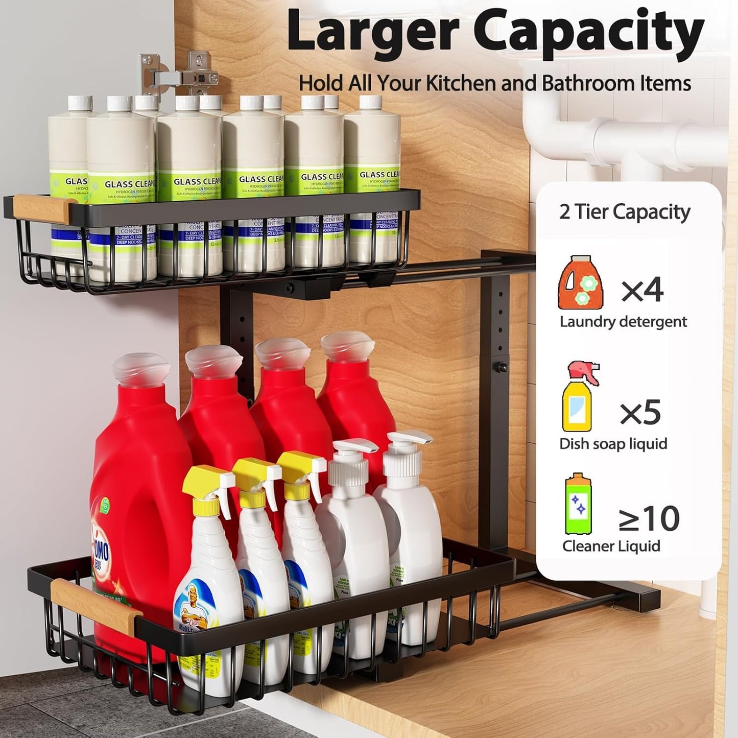 Liuoud Under Sink Organizer - 2 Pack Adjustable 2-Tier Storage Solution for Kitchen & Bathroom | Black