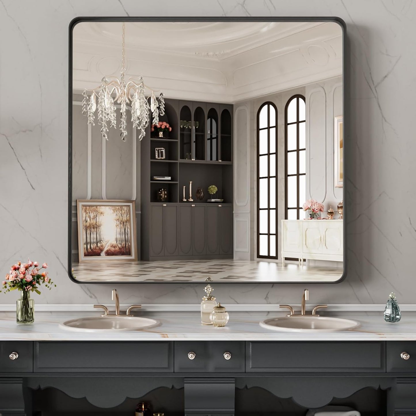 LOAAO Black Metal Framed Bathroom Mirror - 32x32 Inch, Anti-Rust, Versatile Horizontal/Vertical Design