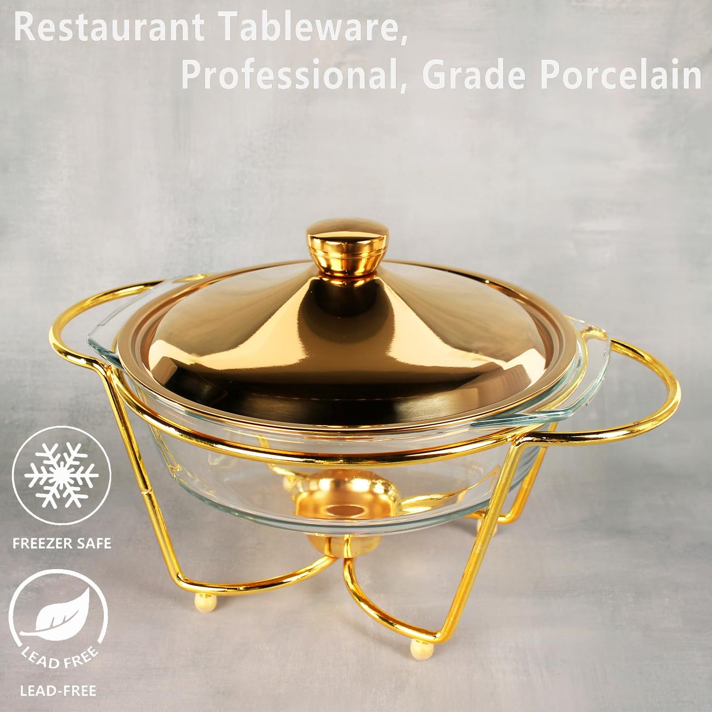 jinsongdafa Casserole Dish 9" Glass Baking Dish with Stainless steel Lid and Golden rack, 1.5 Qt round Baking Pan For Casserole & Lasagna, Microwave Dishwasher Freezer Oven Safe