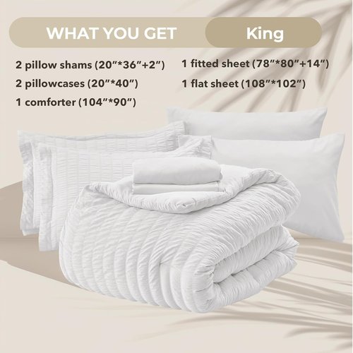 HYMOKEGE King Size Comforter Set - 7 Piece Seersucker Luxury Bedding Set for All Seasons | Includes Comforters, Sheets, Pillowcases & Shams