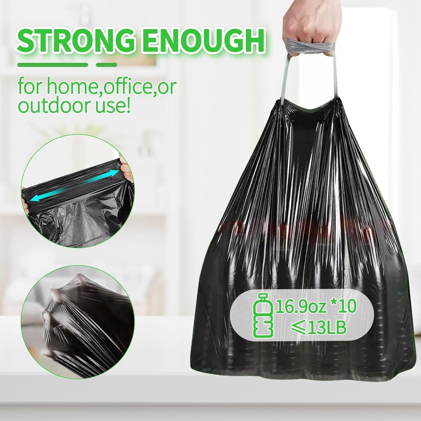 Skiennix Small Drawstring Trash Bags - 100 Count Thick 4-Gallon Liners for Bathroom & Office | Black