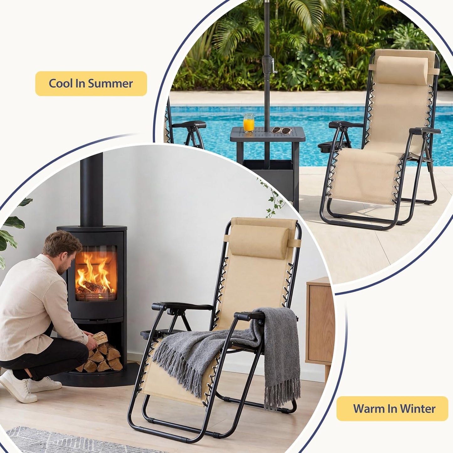 Sweetcrispy Zero Gravity Chairs - Set of 2 Portable Recliner Lounge Chairs with Cup Holders & Adjustable Pillows | Khaki