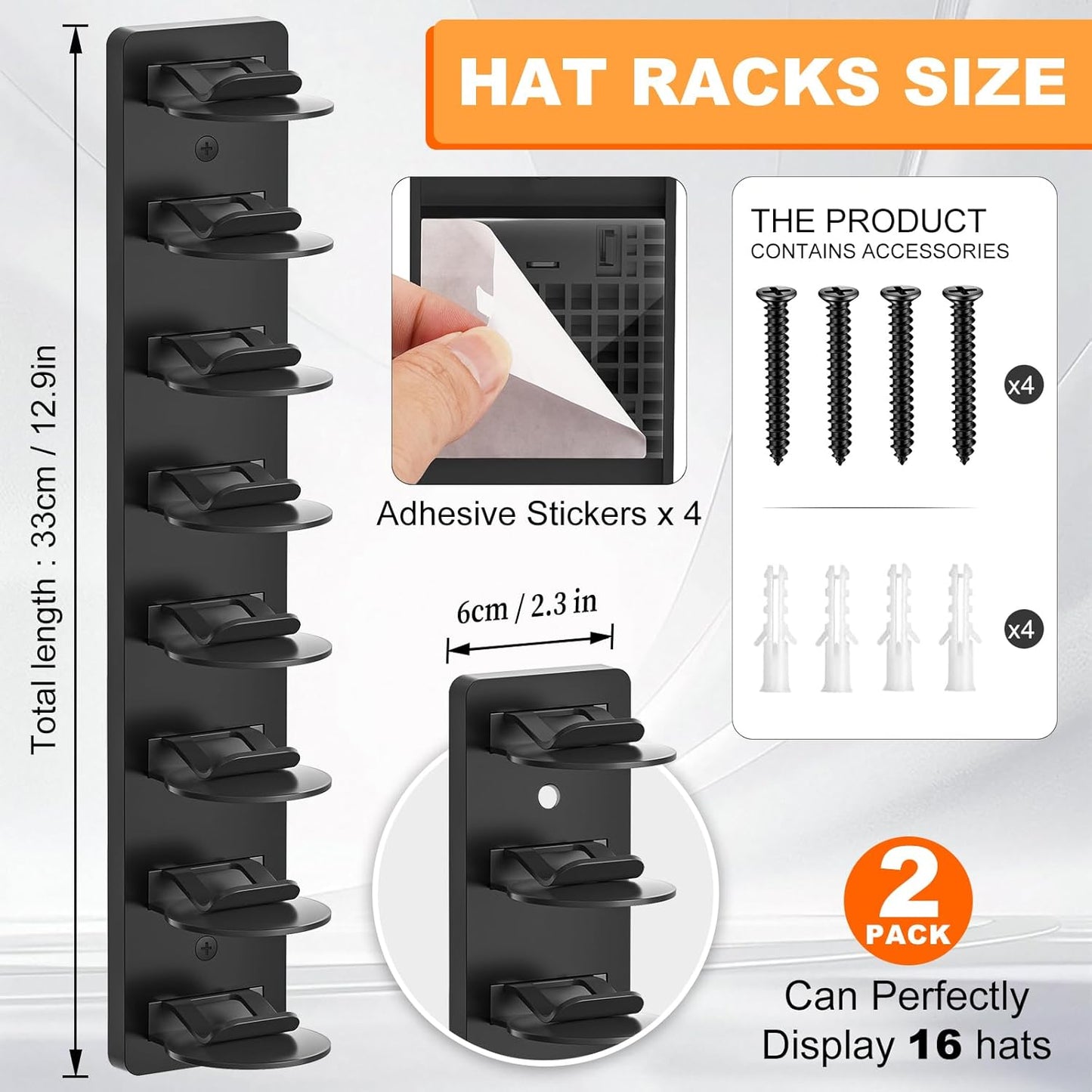 Skiennix Hat Organizer | 2-Pack Baseball Cap Rack with Strong Adhesive & Screw-in Holders for Closet & Bedroom