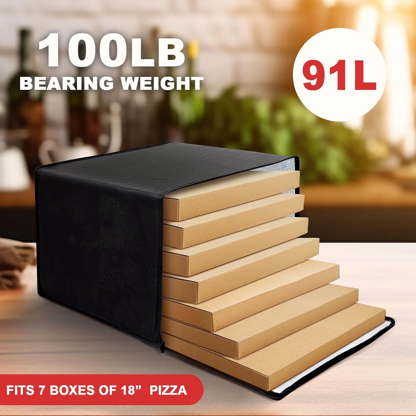 Maxcheck Insulated Pizza Delivery Bag - 20 x 20 x 14 Inch Reusable Cooler for Hot Food | Black