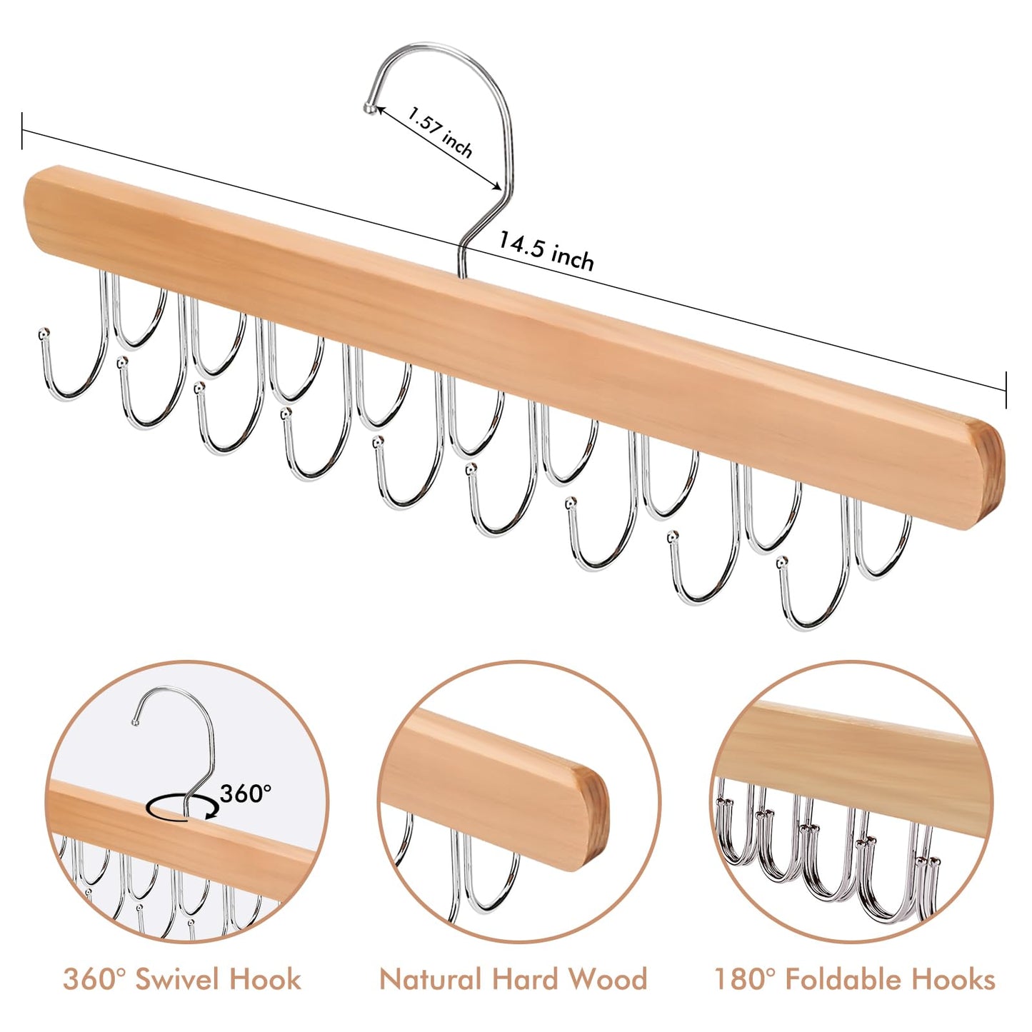 NECAMOCU 2 Pack Bra Hanger for Closet Organizer, Premium Wooden Tank Top Hangers with 36 Foldable Hooks, 360° Rotating Design, Space Saving Storage for Tank Tops, Bras, Scarves and More