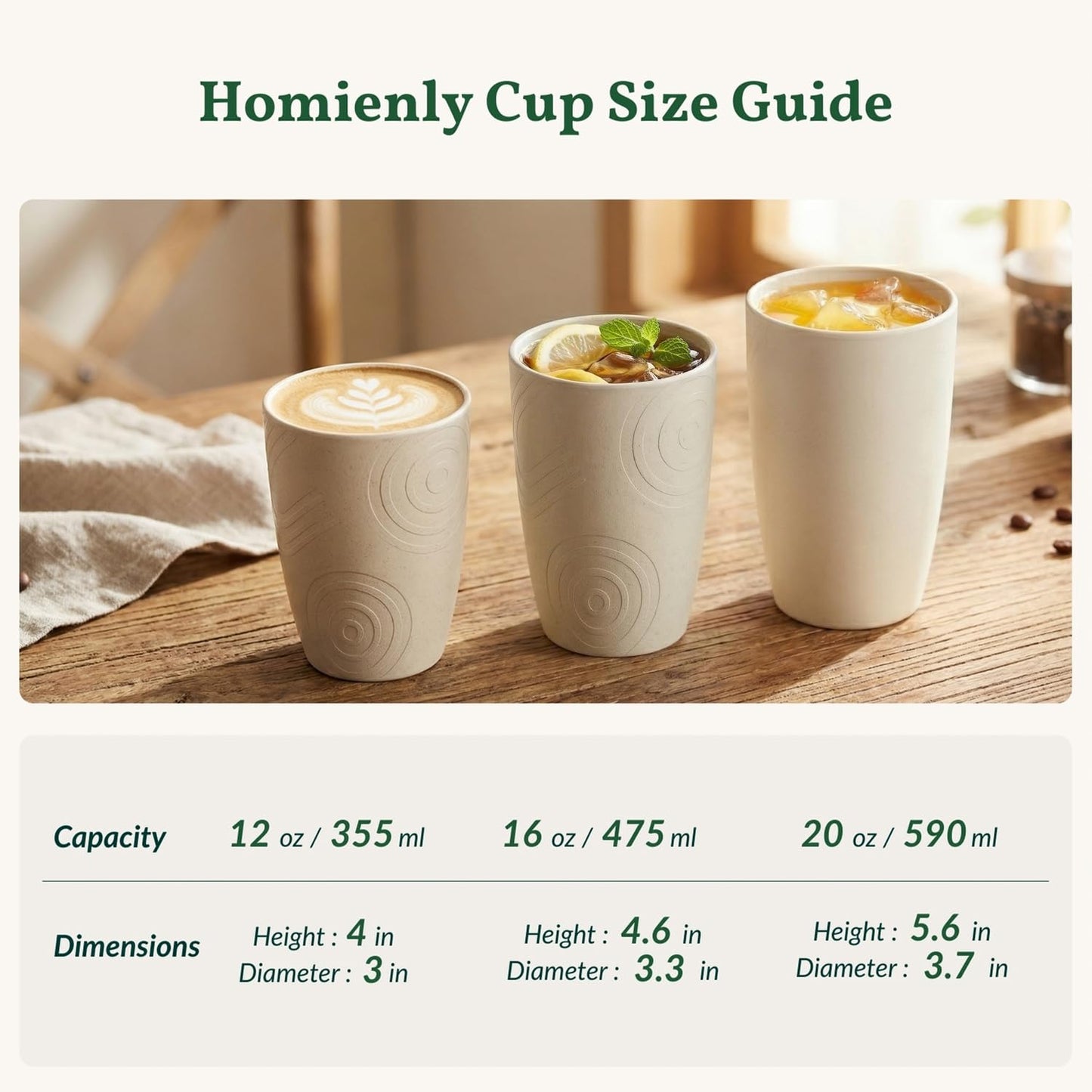 Homienly Unbreakable Drinking Glasses 16oz Wheat Straw Cups–6-Pack Reusable Stackable & Dishwasher Safe Cups for Kitchen-Beige