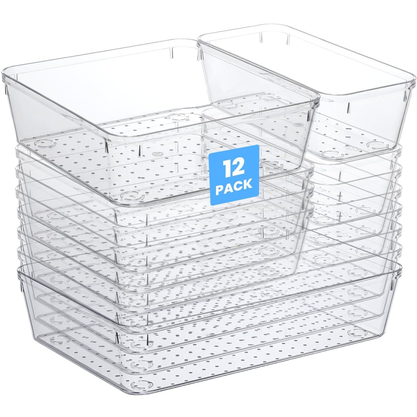 12 Pack Drawer Organizer - 3 Sizes, Clear Plastic Kitchen Drawer Organizers Set, Versatile Bathroom and Vanity Organizer Trays,Storage Bins for Makeup, Bathroom, Jewelries and Office