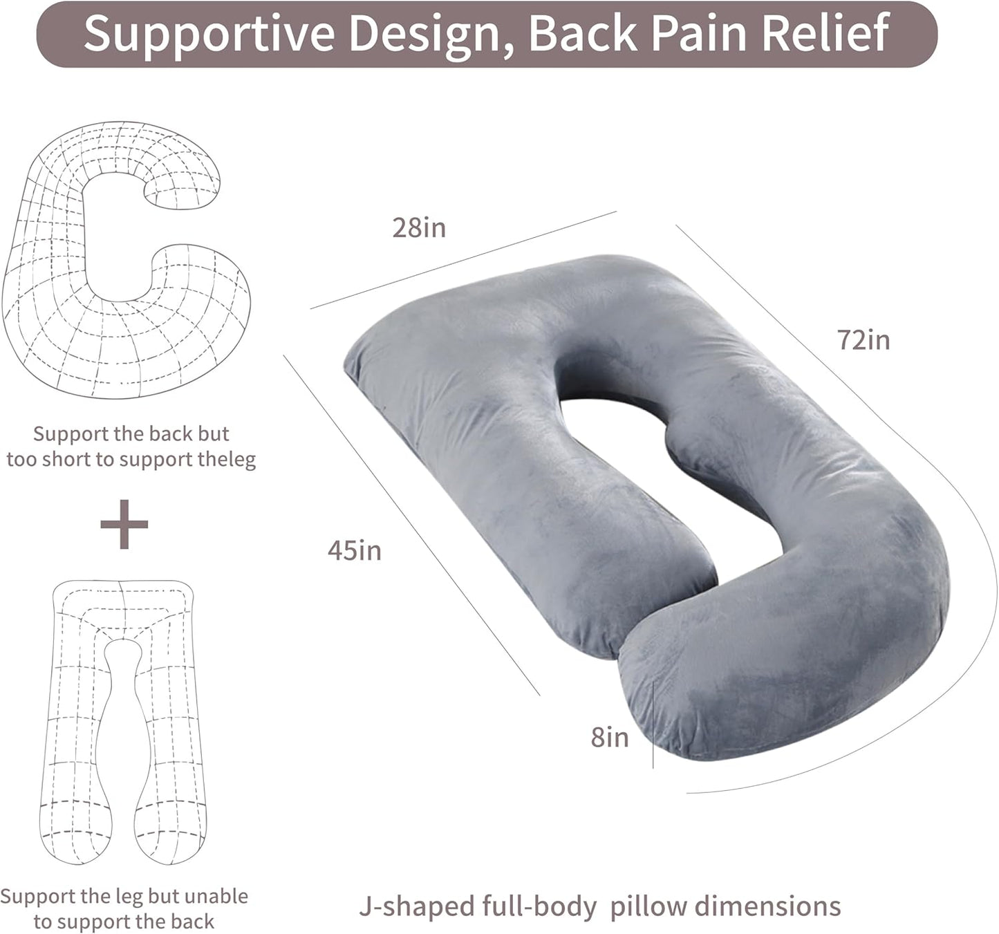 Skiennix 60 Inch U-Shaped Pregnancy Pillow - Cooling Full Body Maternity Support with Washable Velvet Cover | Grey
