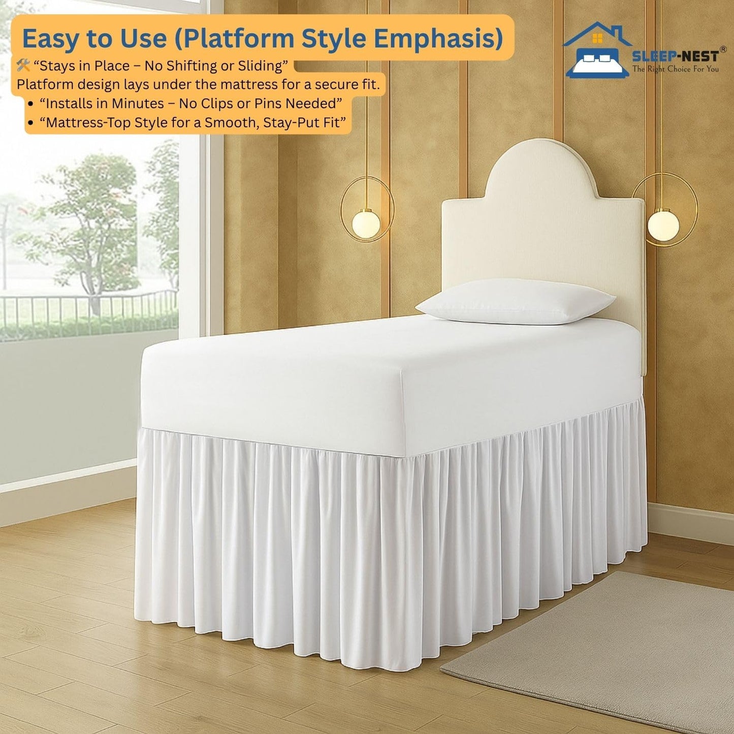 SLEEP-NEST Twin XL Dorm Bed Skirt - 42” Extra Long Drop, Platform Style - Dust Ruffle Bed Skirt, Wrinkle-Resistant, Hidden Storage Solution, Easy Fit for College Dorm Beds - White