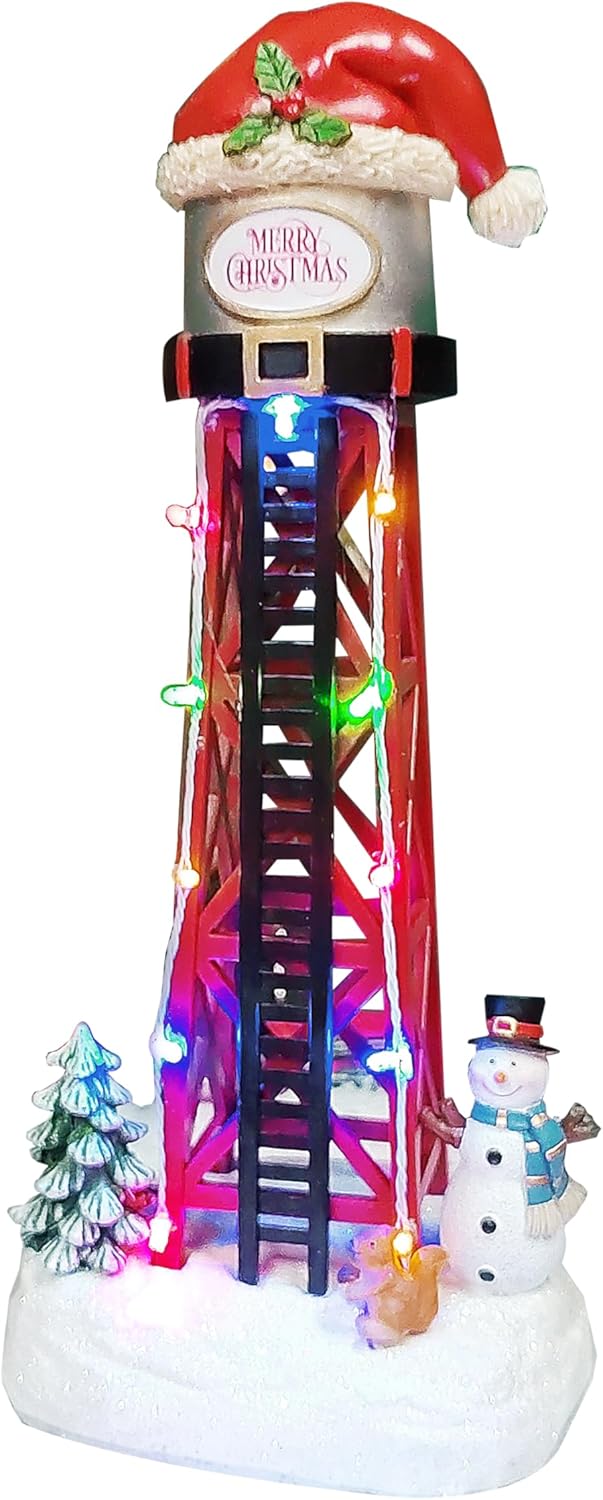 Moments In Time Water Tower Christmas Village - 12” LED Holiday Tabletop Decor with Santa Hat & Snowman