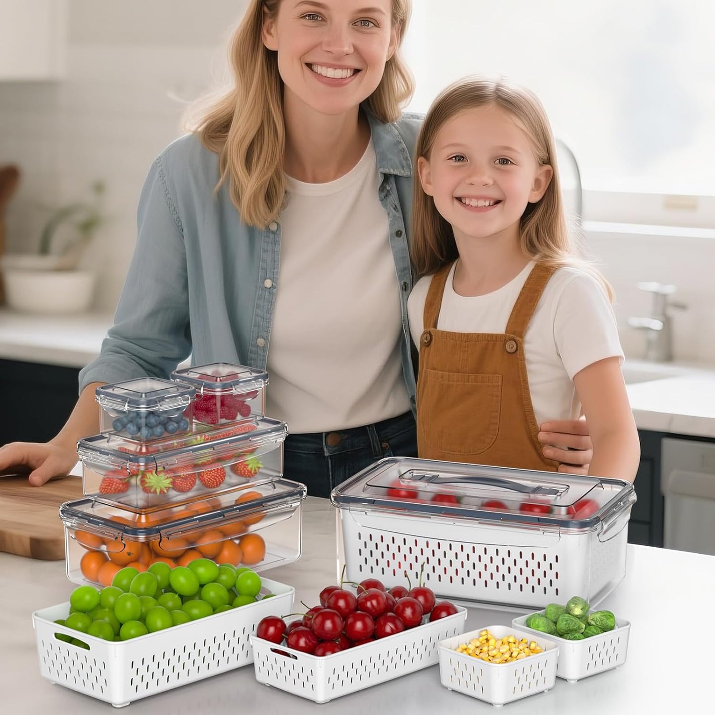 Skiennix Fruit Storage Containers - 5 Pcs Airtight Fridge Organizers with Removable Colander & Handle Lid