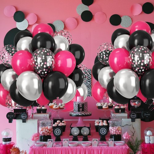 Black and Hot Pink Balloons, 60pcs 12Inch Black and Hot Pink Balloons,Metal Silver and Confetti Balloon for Girl Boy Birthday Party Baby Shower Wedding Gender Reveal Decorations