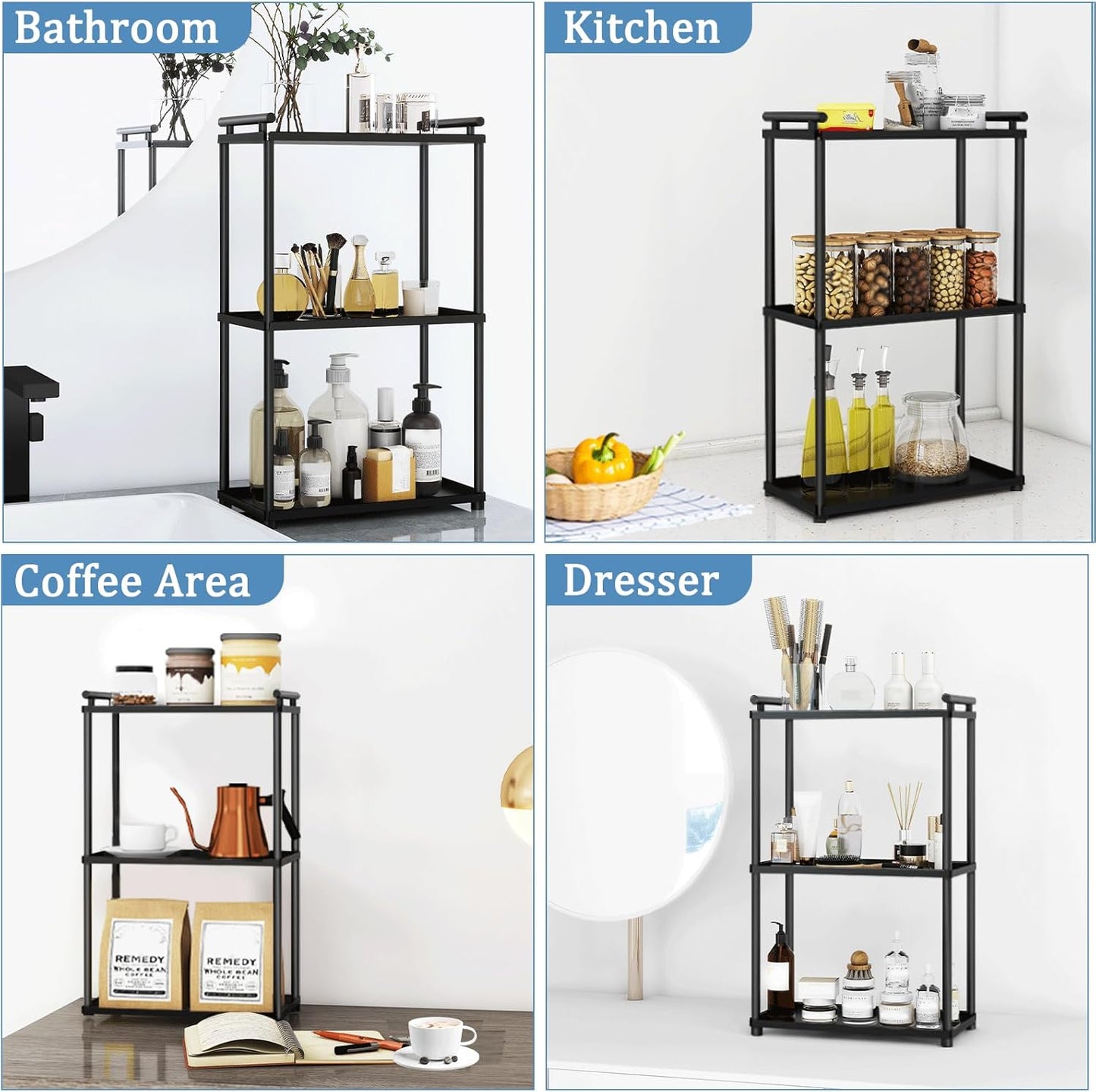 VOTZAAQ 3-Tier Bathroom Organizer - Stainless Steel Perfume Tray & Vanity Shelf | Matte Black