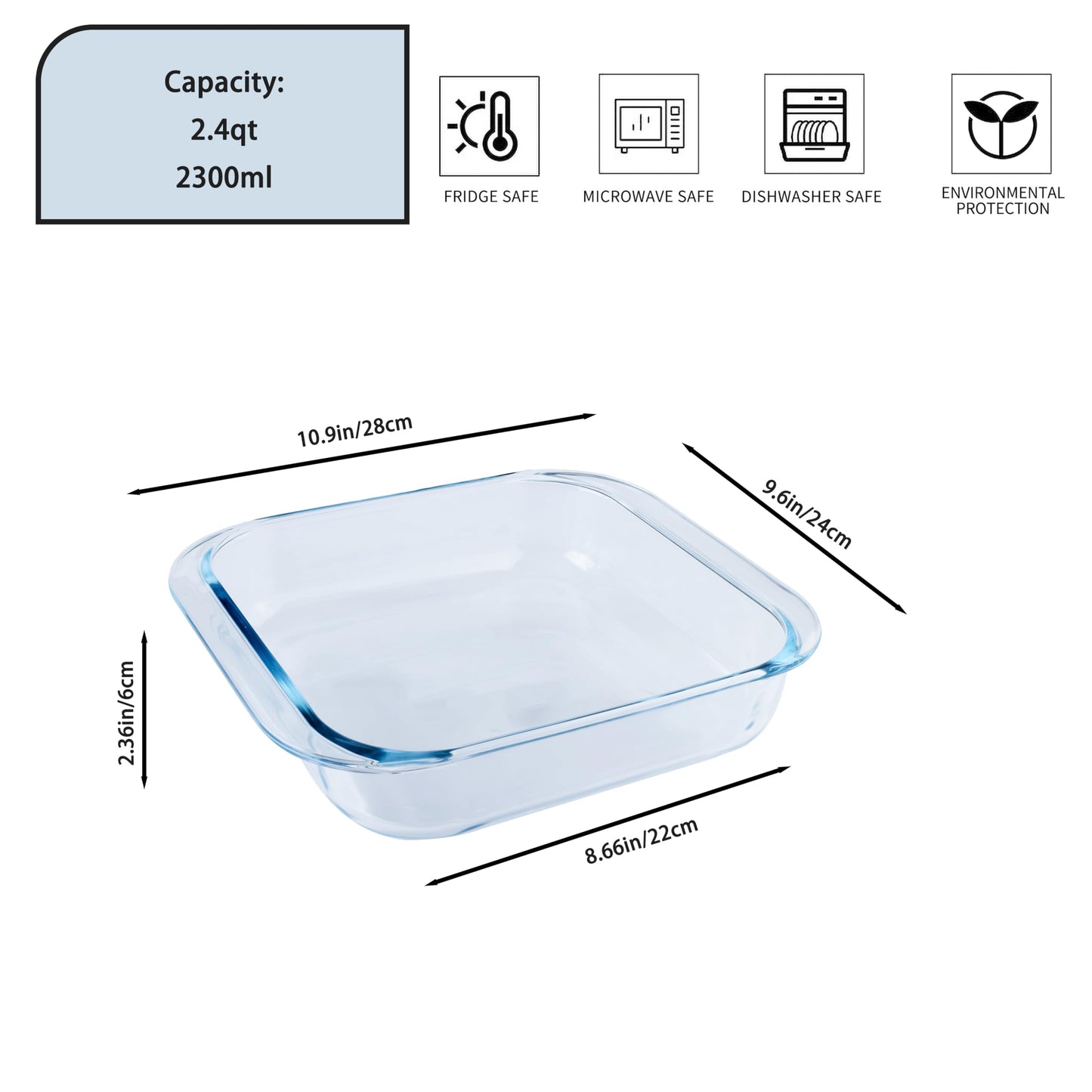 Vitrignis Glass Baking Dish - 2.4Qt Square 9x9 Baking Pan - Baking Pan With Oven Mitts - Glass Baking Dishes For Oven