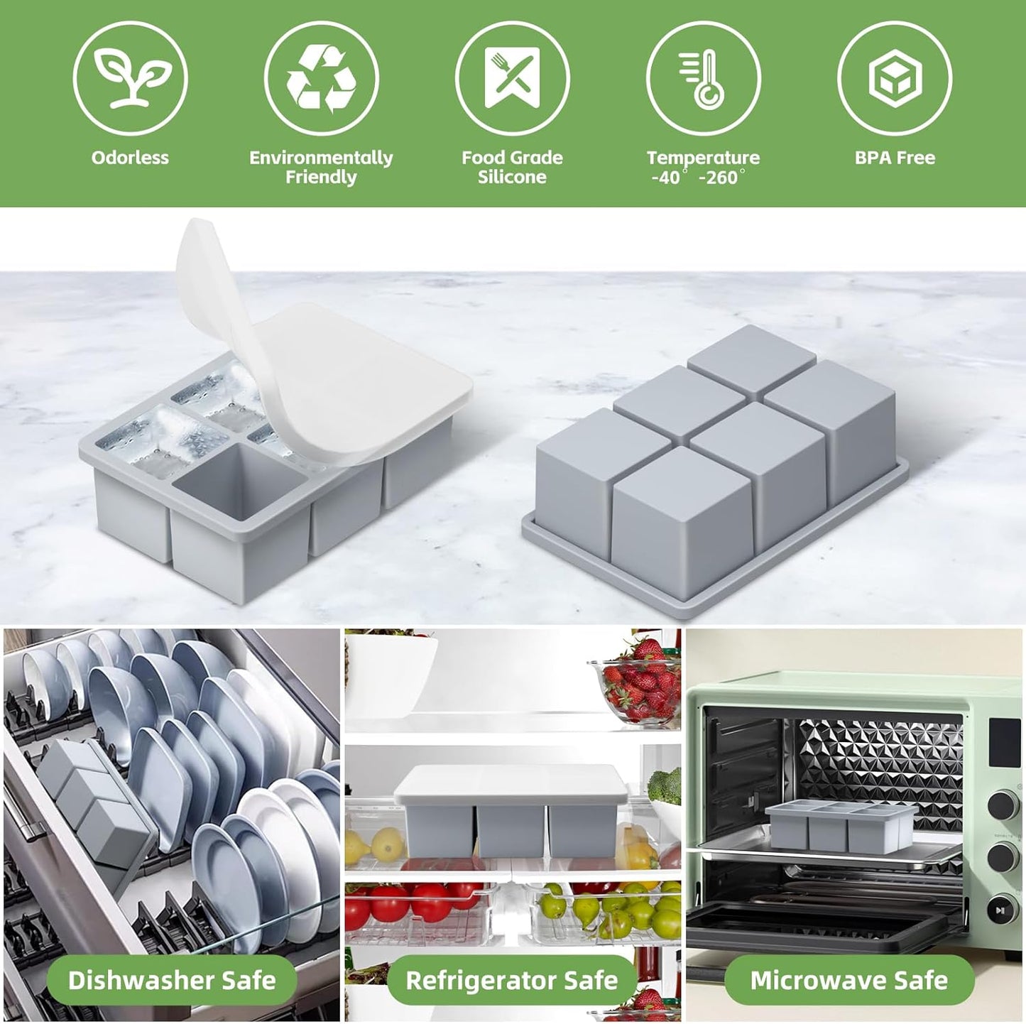 YUNISS Large Ice Cube Trays - 2 Inch Silicone Molds with Lid | Easy Release, Leakproof & Stackable for Whiskey, Cocktails, Coffee - 3 Pack