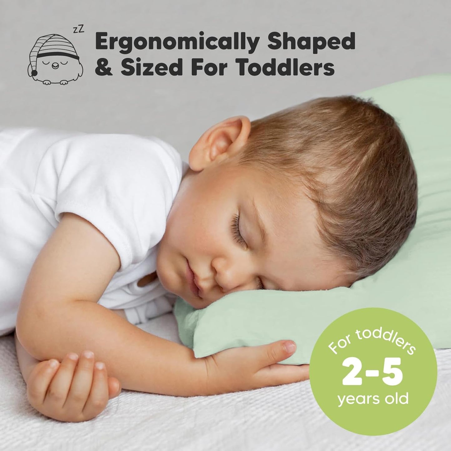 My Little Dreamy Toddler Pillow - Organic Cotton Travel Bed Pillow with Soft Pillowcase | 13x18, Sage, Machine Washable for Ages 2-5