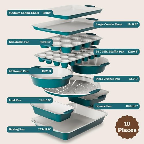 Country Kitchen Nonstick Bakeware Set - Heavy Duty, Easy Release, Stackable Design, Sage, 10 Pcs