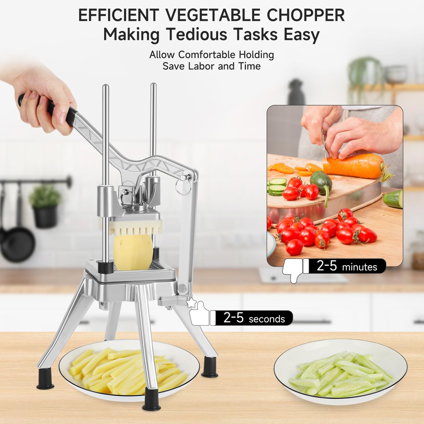 DEPFALL Commercial Vegetable Chopper, Stainless Steel French Fry Cutter Heavy Duty Potato Dicer Fruit Slicer for Restaurant Home Kitchen (1/2"+3/8"+1/4" Blades)
