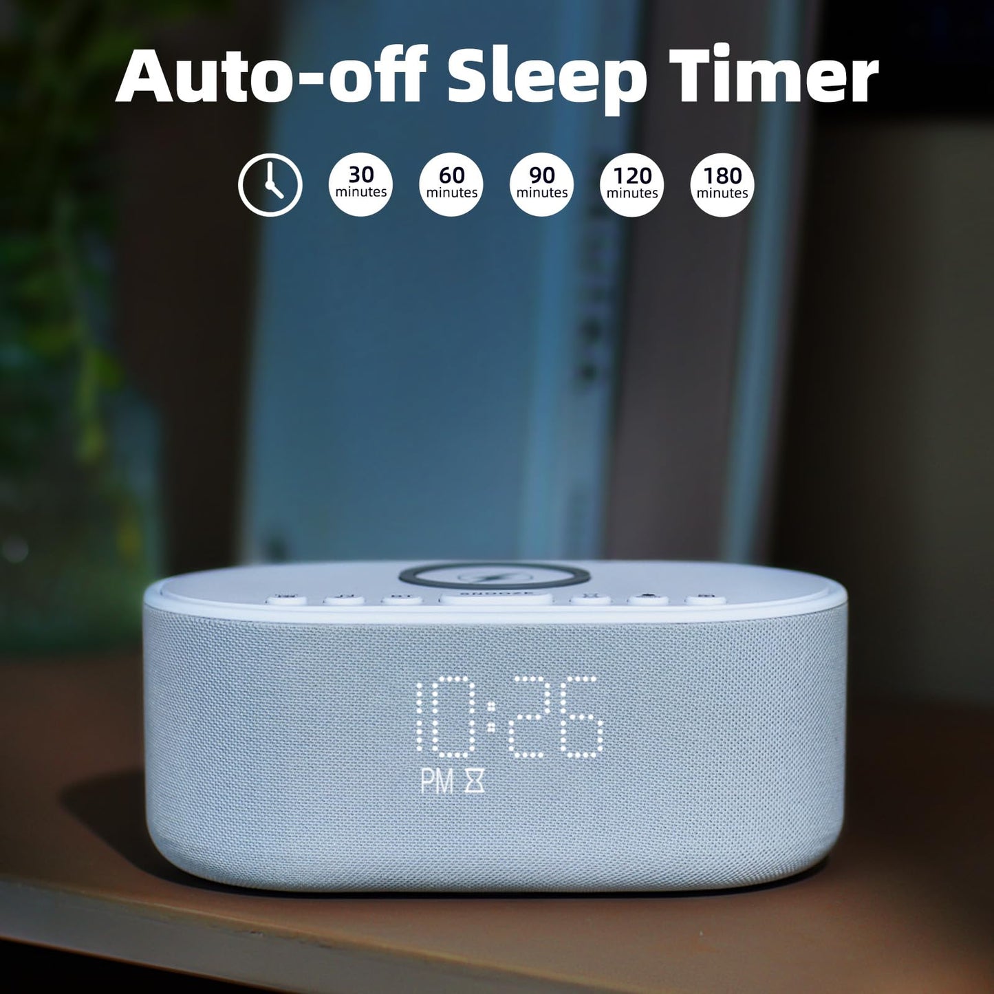 Odokee Sound Machine Alarm Clock Wireless Charger: Bluetooth 10W Stereo Sound Speaker Bedroom - White Noise Machine for Sleeping with 21 Soothing Sounds