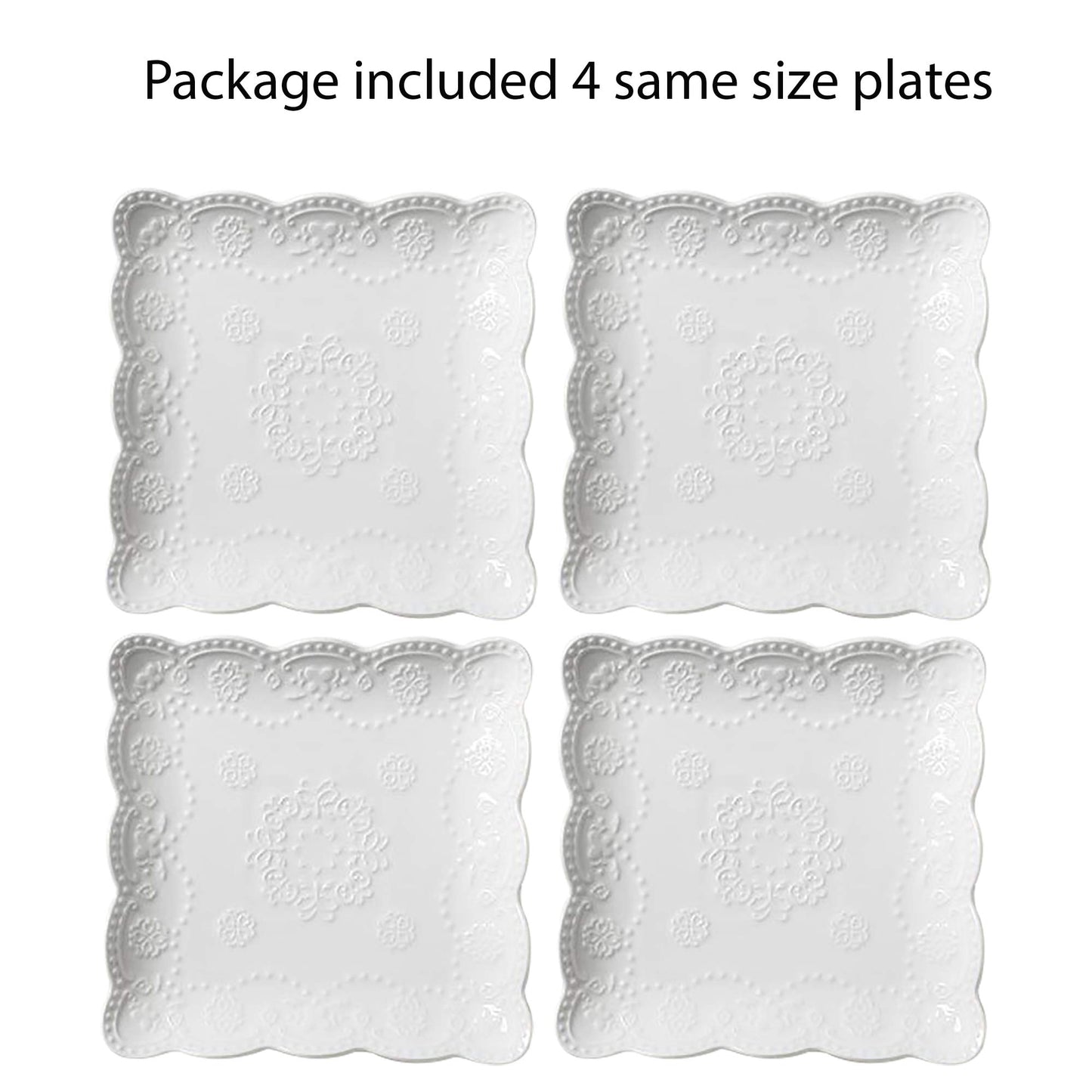 Jusalpha Set of 4-Square Embossed Lace Ceramic Plate-Dinner Plate Set, Pasta/Salad/Dessert Plate Dishwasher MicrowaveTableware Set for Restaurant Family Party Kitchen Use (White, 6 Inches)