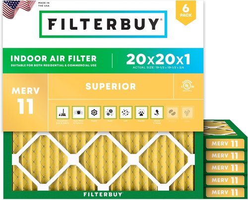 Filterbuy 20x20x1 Air Filter - MERV 11 Pet & Allergy Defense | 6-Pack Electrostatic Pleated HVAC Filters (Actual Size: 19.5 x 19.5 x 0.75)