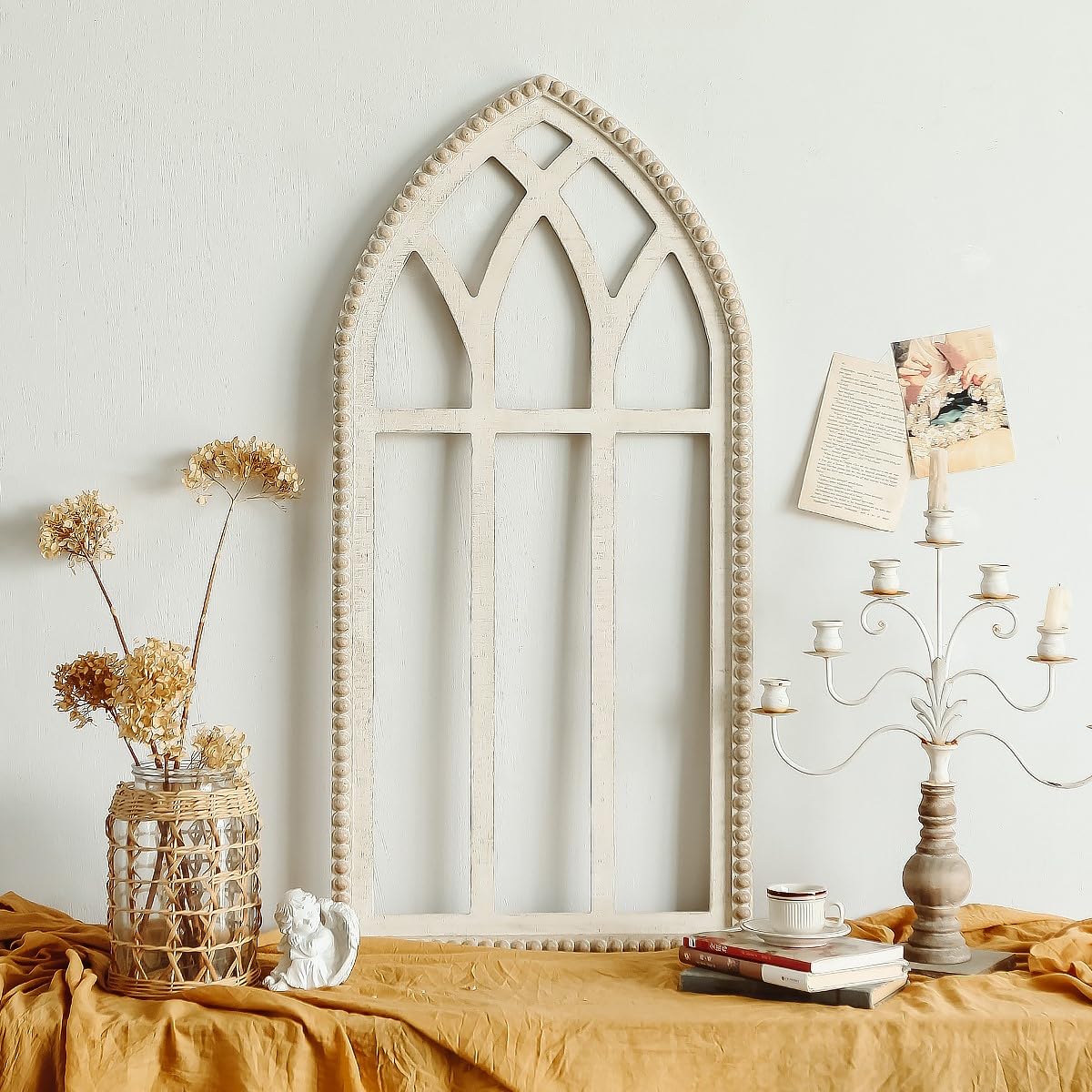 Synovana Arched Wooden Window Frame Wall Decoration, Rustic Farmhouse Wood Window Pane Hanigng Art Decor, 42 inches Gothic Cathedral Style Spire Design Wall Mounted Fake Window Decor, Distressed White