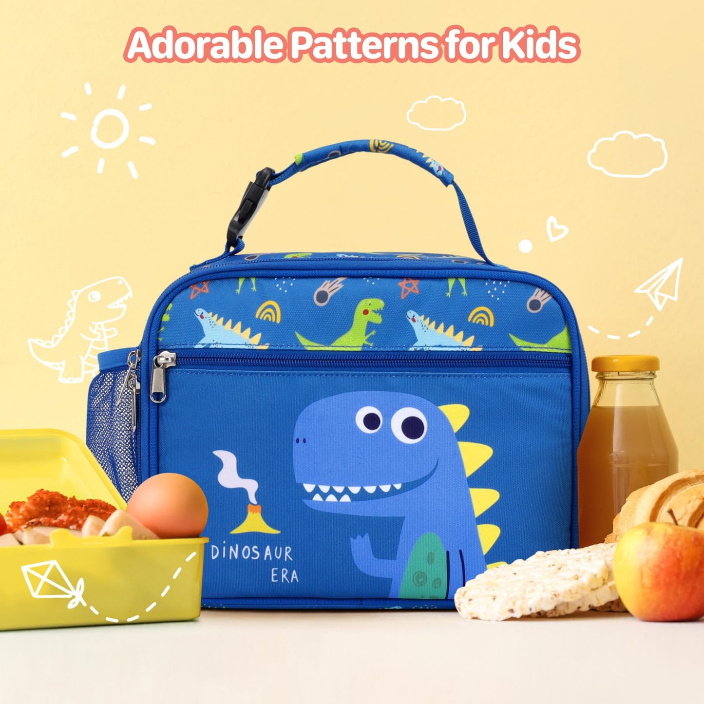BrainyBees Insulated Kids Lunch Bag - Reusable Boys Lunch Box with Water Bottle Holder Toddler Lunch Tote Bag for Daycare and School, Easy to Clean, Blue Cute Dinosaur