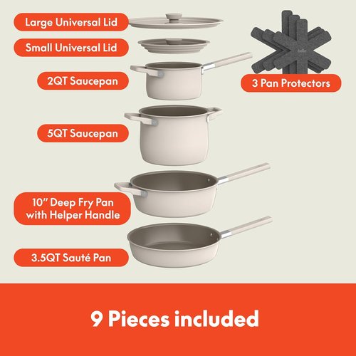 Bella 9-Piece Ceramic Nonstick Cookware Set - Dishwasher & Oven Safe | Stackable Design, Cool Touch Handles, Oatmilk