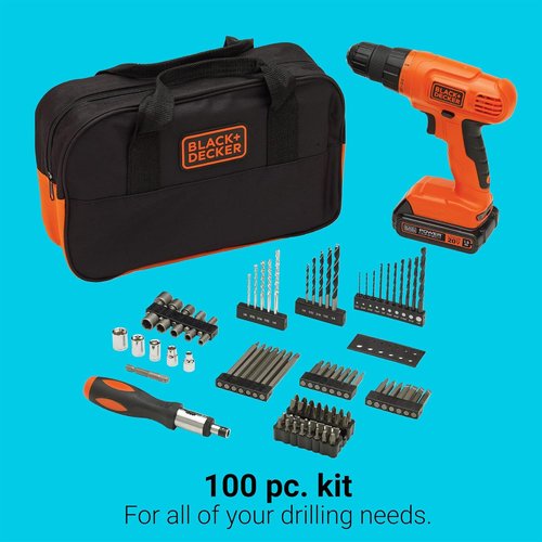 BLACK+DECKER 20V MAX* Cordless Drill Driver Kit - 100-Piece Tool Set with Battery & Charger, Orange