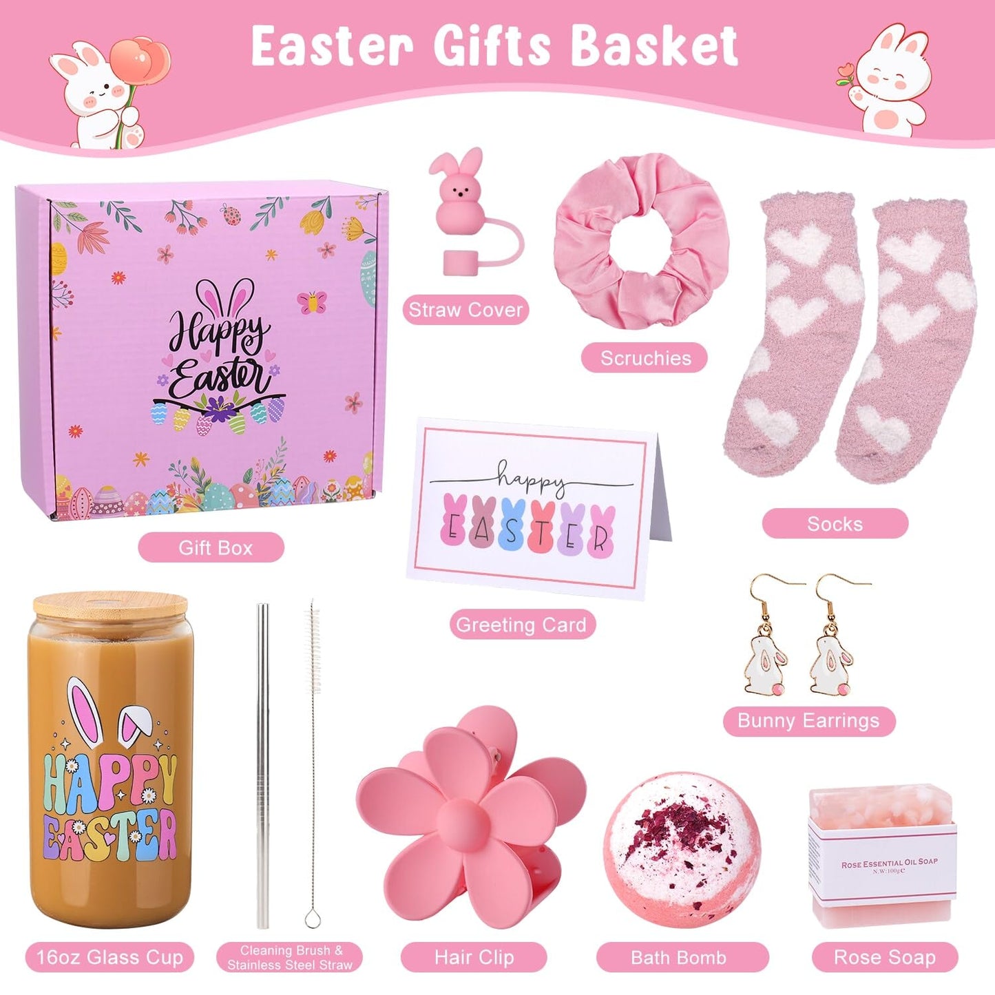 Ithmahco Easter Gifts for Teens Girls Women Adults, Easter Basket Stuffers for Teens Adults, Teen Girl Easter's Basket Stuffers, Pink Bunny Themed Gift Baskets for Teen Girl Adult Women Daughter
