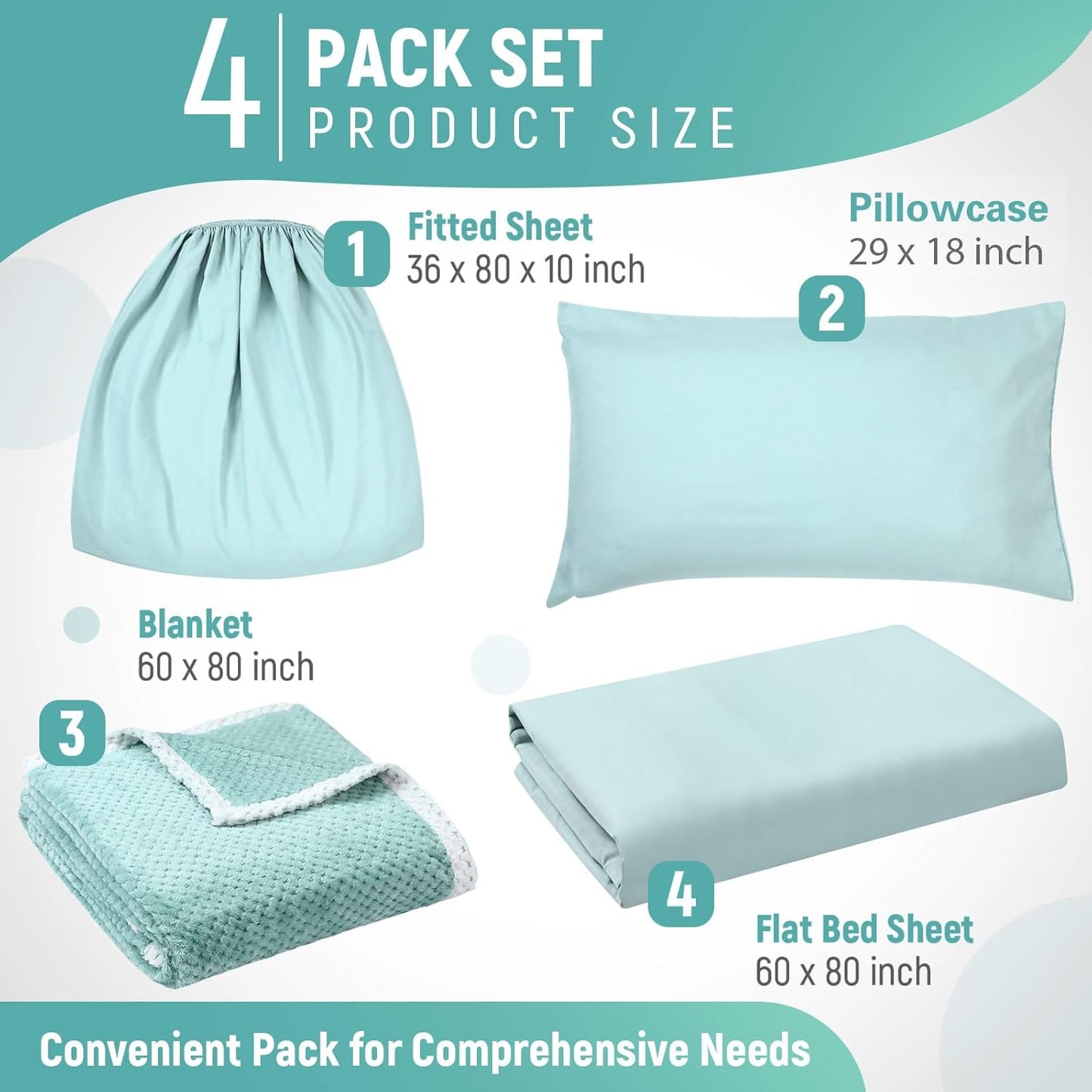 SmoothNovelty Hospital Bed Sheets Set - Soft Knitted Quality | Includes Fitted Coverlet, Quilt Cover, Pillow Case & Blanket (Blue Green)