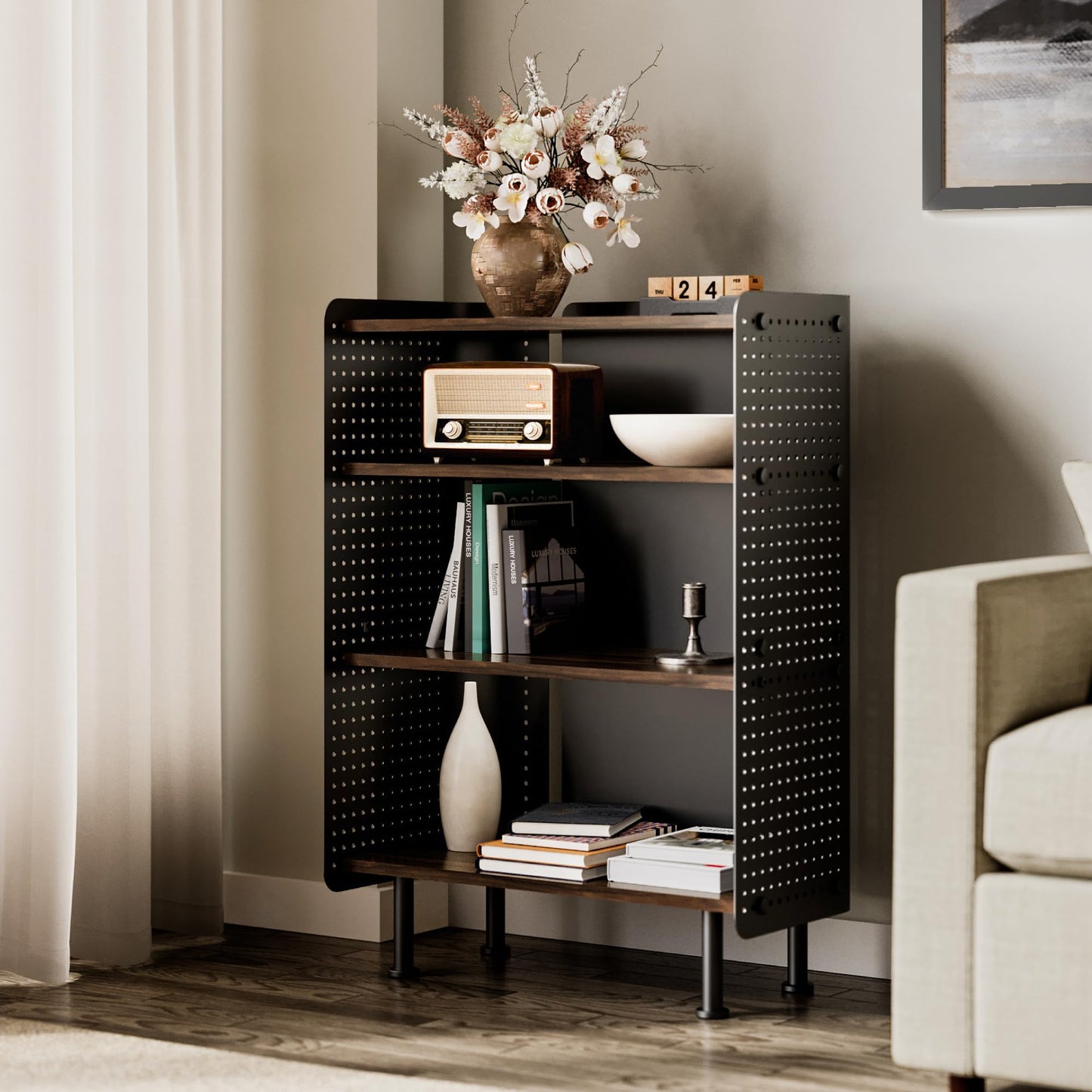 Fenge 4 Tier Bookshelf, Modern Open Bookcase with Pegboard, 24.3 Inches Small Book Shelf Storage Organizer with Adjustable Shelves for Living Room, Bedroom, Home Office