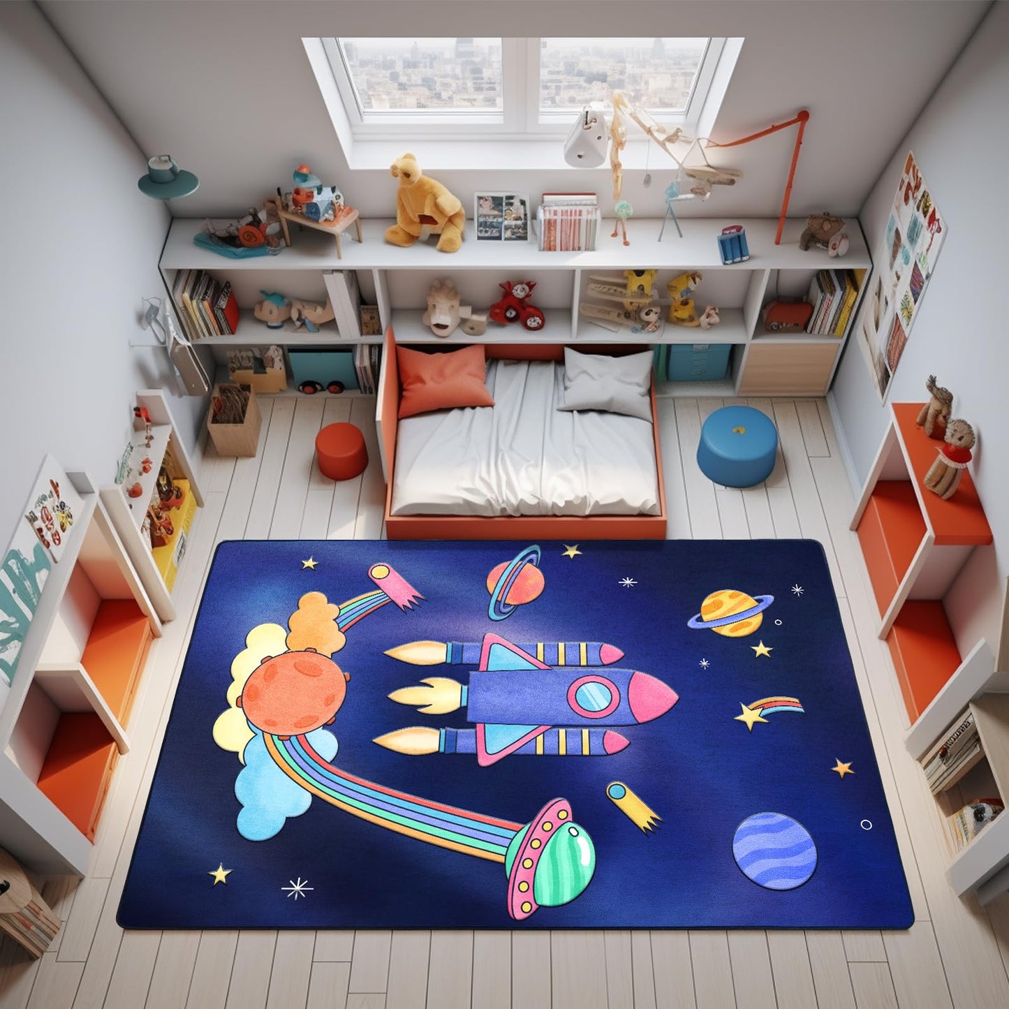 Space Rockets Rug for Kids Room Solar System Area Rugs for Boys Bedroom Kids Rugs for Playroom Space Planet Theme Rug Living Room Dining Room Decor 48x72 inch