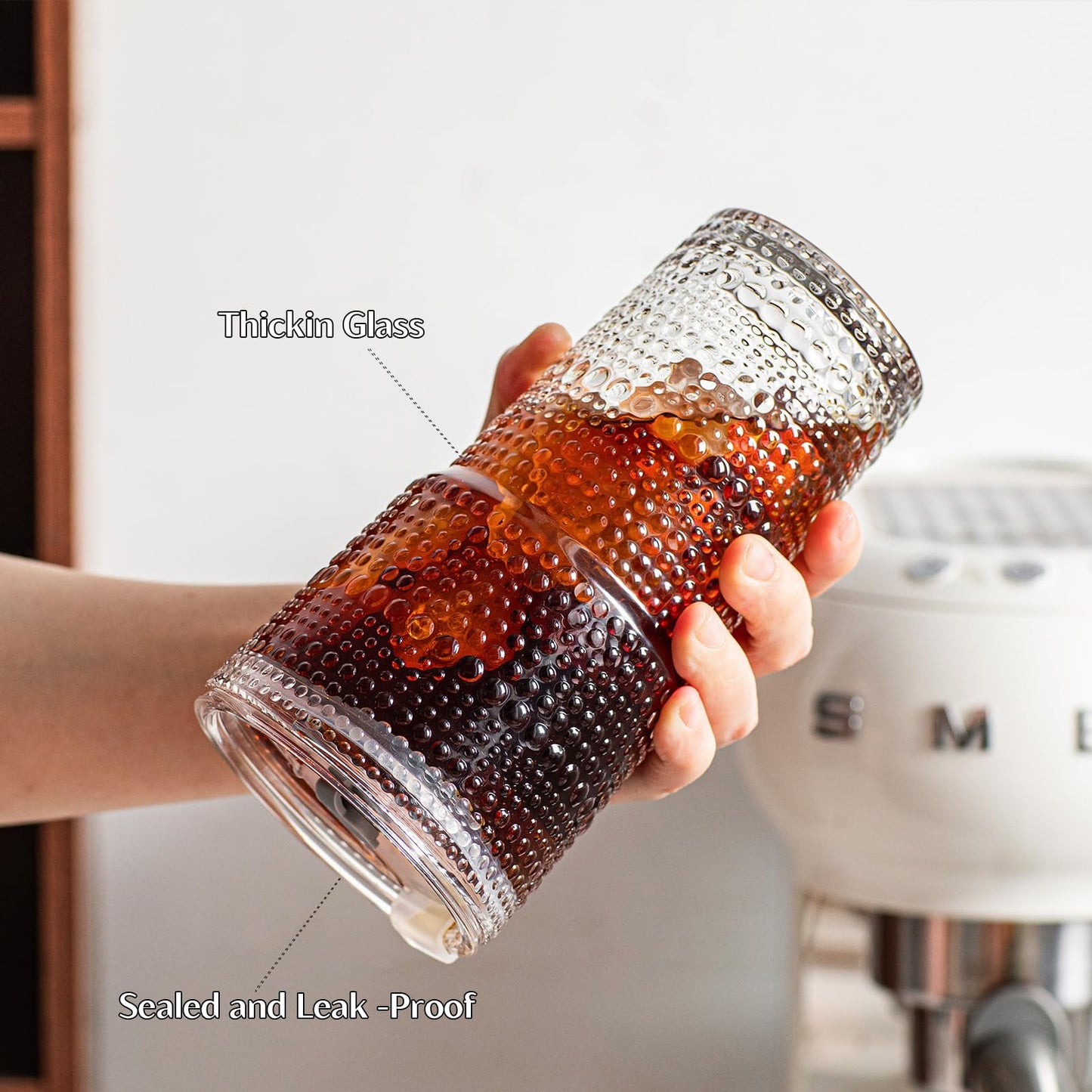 INSETLAN 20oz Hobnail Glass Cups with Lids and Glass Straws – 4 Pieces, Thick-Walled Glass Tumblers for Iced Coffee, Smoothies, Milk, Water, Juice, and More – Elegant and Durable Drinking Glasses