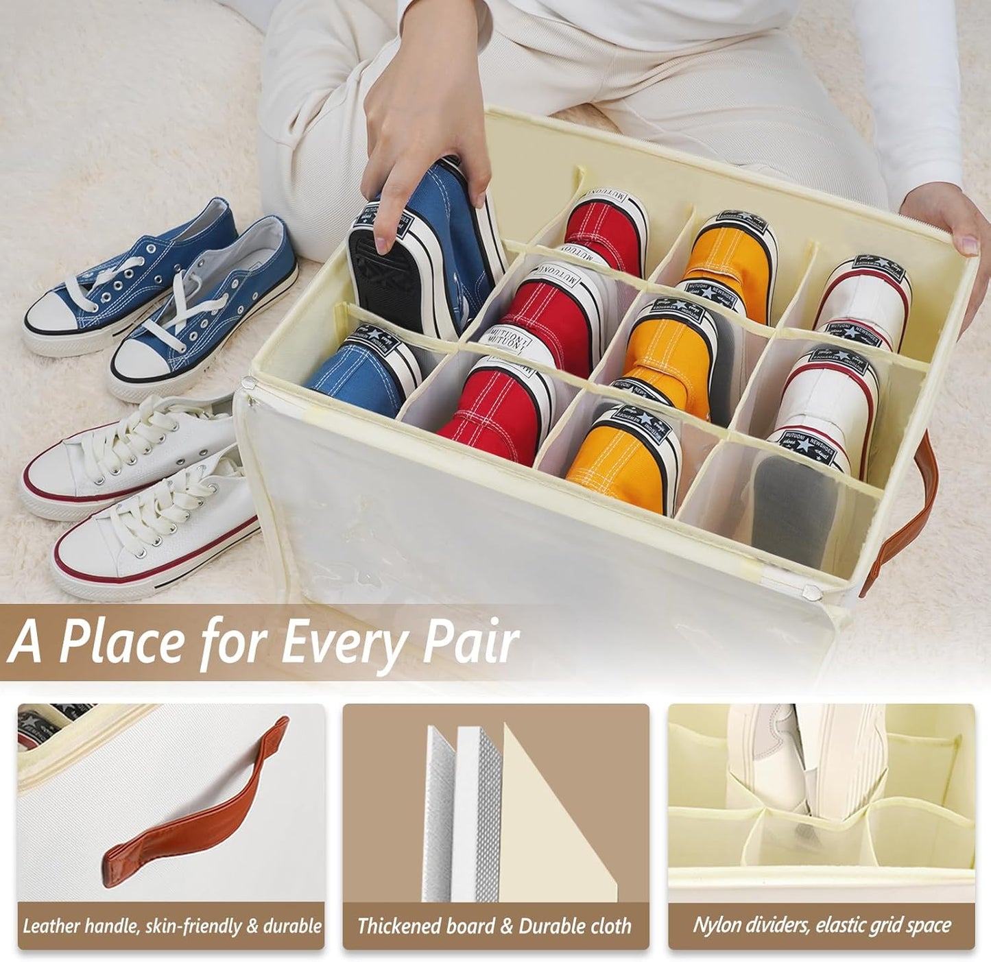 Patinao Shoe Storage Box Organizer - 3 Pack Stackable Clear Lids | 36 Cell Space Saver for Closet